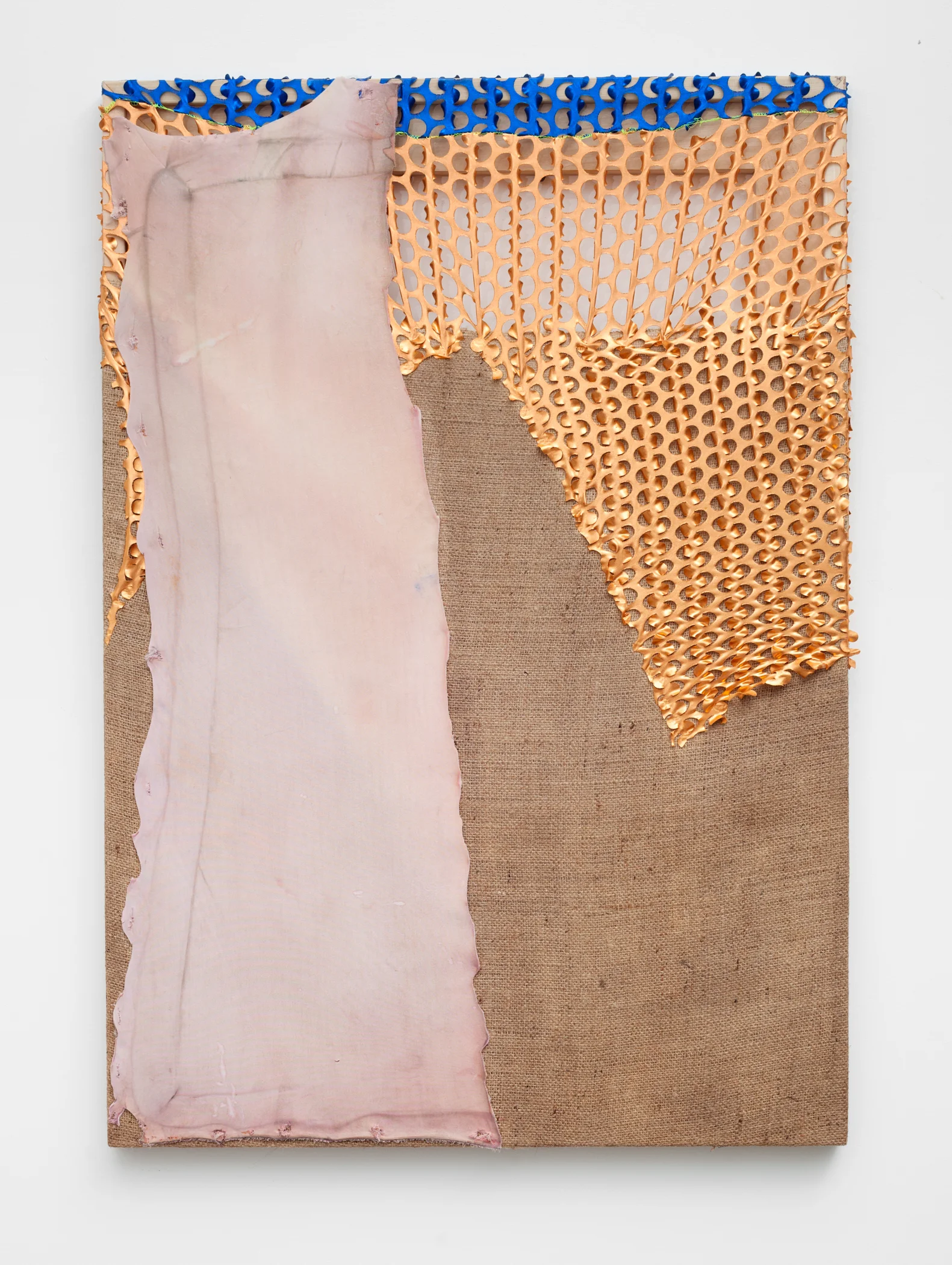 Screen dyed neoprene, metallic spandex and thread on treated and stretched burlap over wood frame 28 x 40 inches 2016 Photo by Maggie Shannon