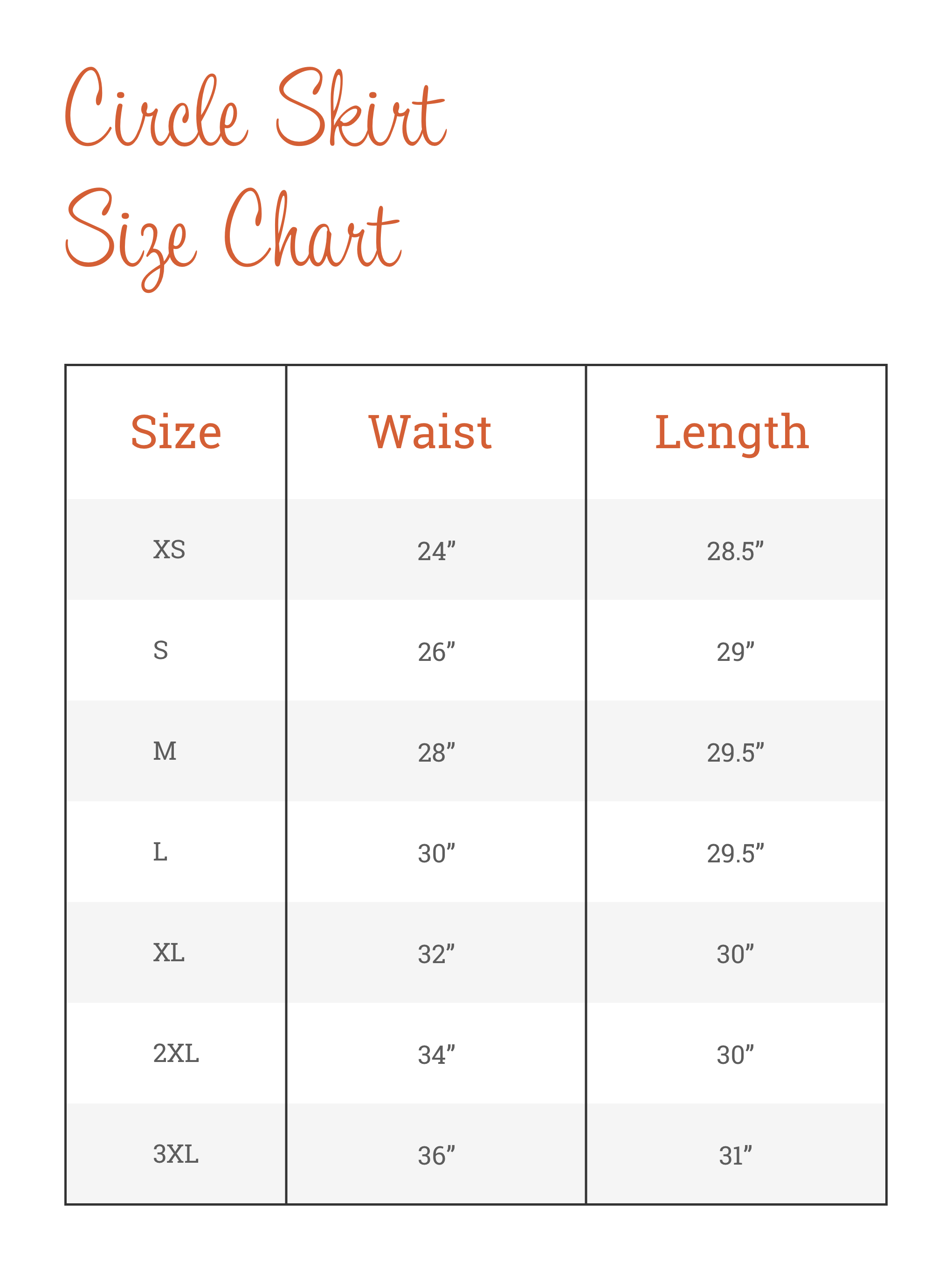 skirt length size chart