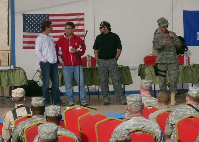 Al Franken enjoying his coffee, telling jokes to the troops of 2/502 in Baghdad
