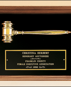 Gold Gavel in Walnut Shadowbox Gold Electroplated Gavel in Walnut Shadowbox with Black Velour background and black brass engraving plate. Measures 10″ x 13″. Can only be displayed in landscape orientation. Price of $130.00 does not include engraving.