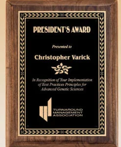 Walnut Stained Piano Finish With Leaf Design PlateMeasures 8″ x 10½”.Price of $91.00 does not include engraving.Also available in:7″ x 9″, 9″ x 12″ and 10½” x 13″