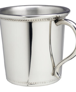 Pewter Beaded Baby Cup American-made Pewter baby cup. This beaded design has classic lines and is one of our best selling pewter cups. Pewter does not tarnish so this baby cup won’t require polishing and will stay shiny forever. Comes in a nice gift box and measures 2 5/8″ x 2 ¾” diameter. Price of $59.00 does not include engraving. Recommended engraving is a 3-letter monogram or name along with a date.