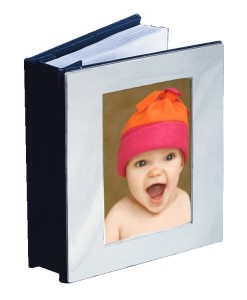 Chrome Open Front Baby Album Chrome album holds 100 4×6 photos and has a photo holder on front. What’s nice about chrome is that it doesn’t tarnish and therefore doesn’t require polishing. Specify horizontal or vertical orientation for engraving. Price of $33.00 does not include engraving.