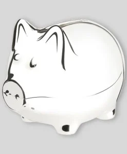Classic Nickelplate Piggy Bank (Small)How can you go wrong with a piggy bank? Nickel plated for a non-tarnish – but still shiny – finish, and 3″ x 3¾” long, this is the small-sized version of the classic pig bank. Appropriate for kids of any age, this will be a remembered gift for years to come.Price of $29.00 does not include engravingRecommended engraving location is on the body with the pig’s snout facing to the left. Popular engraved message is child’s first name.
