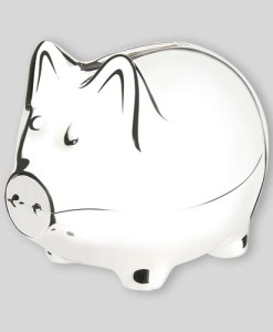 Classic Nickelplate Piggy Bank (Small) How can you go wrong with a piggy bank? Nickel plated for a non-tarnish – but still shiny – finish, and 3″ x 3¾” long, this is the small-sized version of the classic pig bank. Appropriate for kids of any age, this will be a remembered gift for years to come. Price of $24.00 does not include engraving Recommended engraving location is on the body with the pig’s snout facing to the left. Popular engraved message is child’s first name.