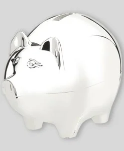 Classic Nickelplate Piggy Bank (Large)How can you go wrong with a piggy bank? Nickelplated for a non-tarnish – but still shiny – finish, and 4″ x 5″ long, this is the large sized (and most popular) version of the classic pig bank. Appropriate for all ages of kids, this one will hold lots of coins.Price of $38.00 does not include engraving.Recommended engraving location is on the body with the pig’s snout facing to the left. Popular engraved message is child’s first name on the top line and date on the bottom line.