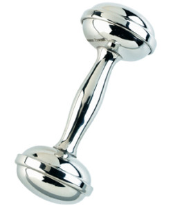 Pewter Dumbbell Rattle Beautiful pewter rattle. Pewter does not tarnish so this rattle won’t require polishing and will stay shiny forever. Rattle makes a pleasing sound and will quickly become one of baby’s favorite playthings. Comes in a handsome gift box and measures 4¼” x 1¾”. Price of $59.00 does not include engraving. We recommend a 3-letter monogram or name on one end and a date on the other end. Can be engraved on the ends only.