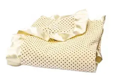 Banana Cream Mini Dot Ruffled Trimmed Receiving Blanket (#831) The Delightful Dot Velour and Satin Baby Blanket is a must-have for cuddling your little bundle of joy! Soft taupe mini-dots adorn the fluffy banana cream velour, complementing the matching 2 inch satin ruffled trim. This blanket is the perfect nursery accessory and the finest, most snuggly baby shower gift! Bundle your precious little peanut in huggable softness. Measures 30 in x 40 in.Price of $32.95 does not include embroidery.