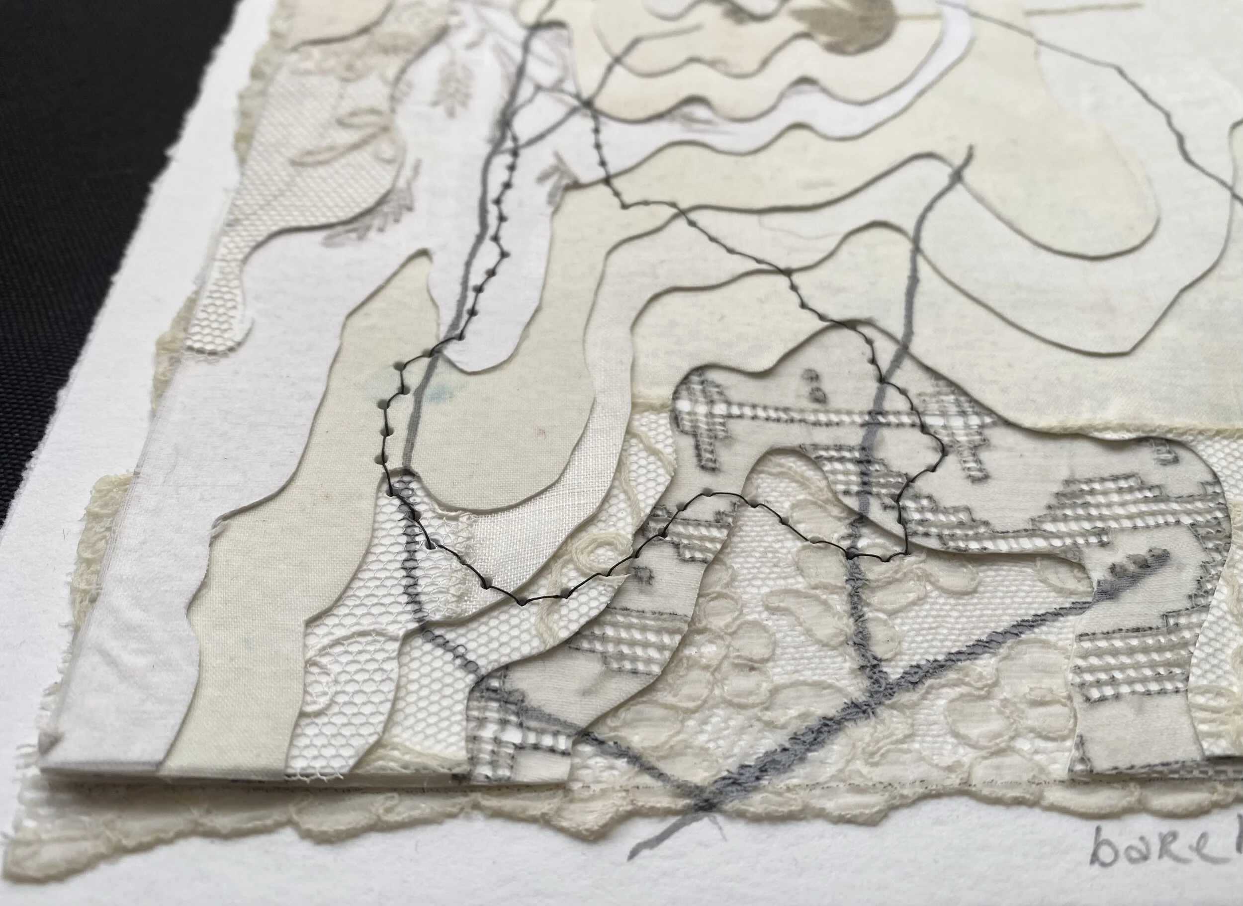 Bare Hill, Putney VT, 2021, 9"x9", fabric, cotton thread and gouache on cold press 140lb watercolor paper mounted to chipboard)