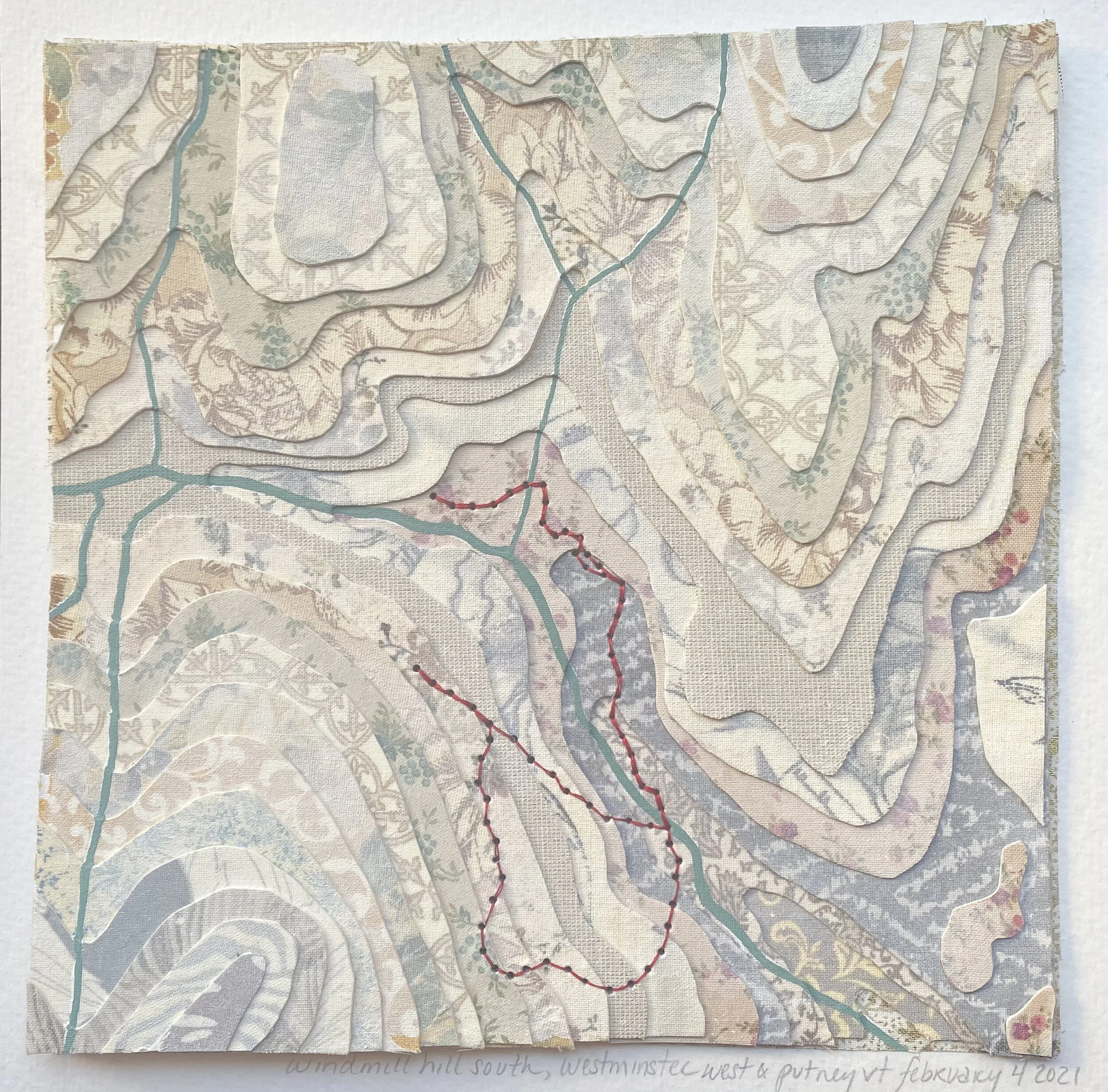 windmill hill south, westminster west and putney vt, (2021, 9"x9", fabric, cotton thread and gouache on cold press 140lb watercolor paper mounted to chipboard)