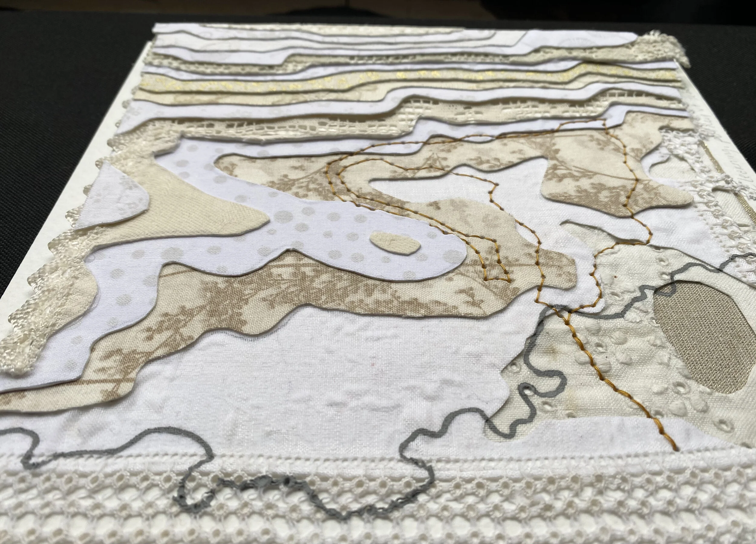 topographic study #9 , forest for learning, detail, putney vt, (2021, 9"x9", fabric, cotton thread and gouache on cold press 140lb watercolor paper mounted to chipboard)