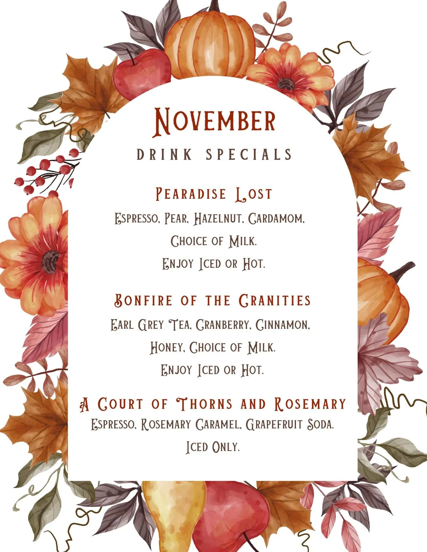 The leaves have fallen, the jack-o-lanterns are wilting, and there&rsquo;s a chill in the air.  Comfy feasting season is upon us 🍂 

Which means all new Drinks of the Month!

Pearadise Lost 

November&rsquo;s latte special &ldquo;pears&rdquo; this s