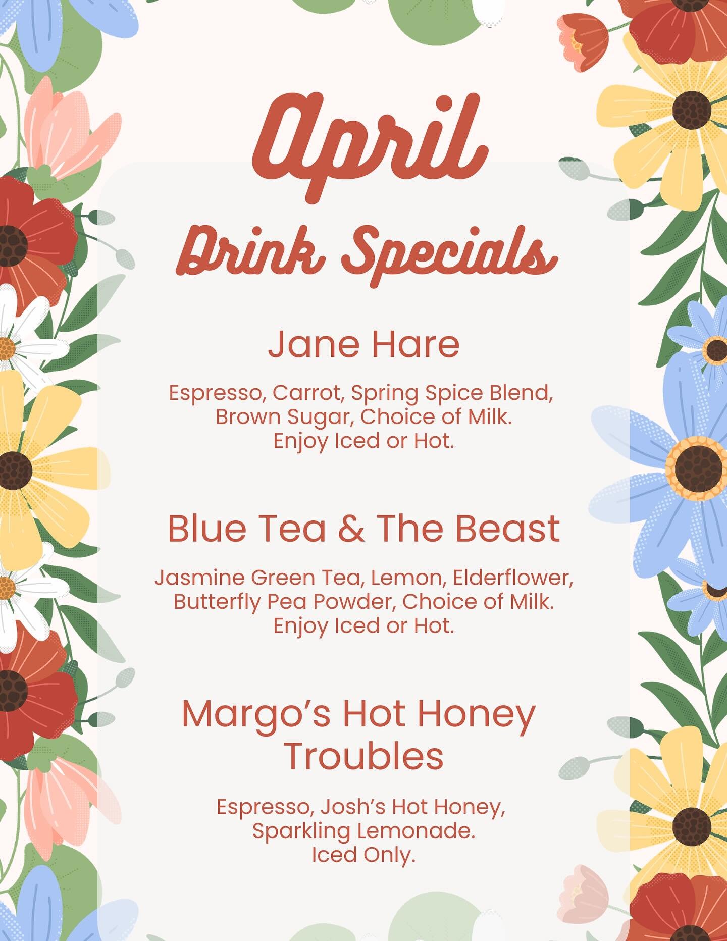 For real, though:

Jane Hare 🥕 

Our carrot cake latte (an annual April favorite) featuring espresso from @counterculturecoffee,  real carrot, spices, and brown sugar.

Blue Tea &amp; The Beast 🪻

A jasmine green tea base + beautiful floral and cit