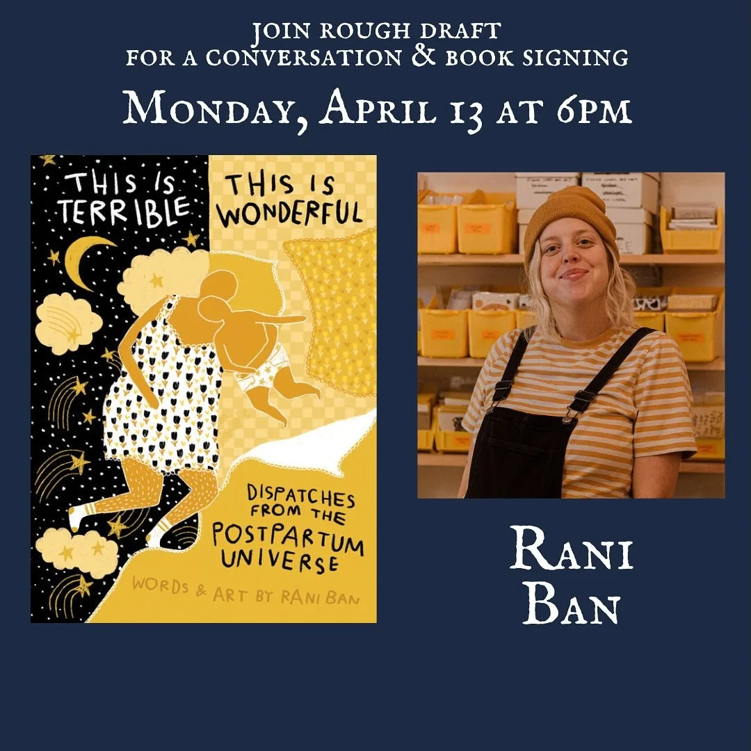 We're delighted to welcome @raniban, Monday 4/13 at 6pm! She'll be reading from and chatting about her lovely new book THIS IS TERRIBLE, THIS IS WONDERFUL: DISPATCHES FROM THE POST-PARTUM UNIVERSE &mdash; free as always, but be sure to grab a drink o