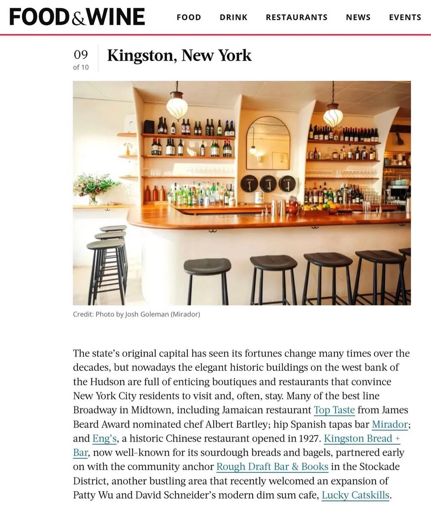 Thank you to @foodandwine for including Kingston in their rundown of the country&rsquo;s top small cities for food!

Humbled to be called a &ldquo;community anchor&rdquo; and share space with great neighbors like @engsrestaurant, @luckycatskills, @mi
