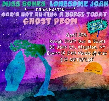 We&rsquo;ve got a surprise, last minute show tonight for a rare Fifth Thursday!!

We&rsquo;ll have some lovely acoustic sets starting at 5:30pm, featuring @missbonesband, @lonesome_joan, @ahorsetoday, and @ghostprom.

$10 suggested donation, but pay 