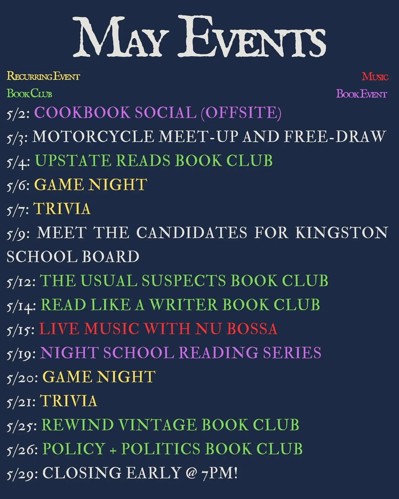 Lots going on this month here at the shop and around town 📚 🎶 ☕️ 🍺 🎙️ 🎲 🏍️ 

Book clubs, author events, Night School, live music, motorcycles, and more!

You can always see our full events calendar or sign up for our newsletter at roughdraftny.