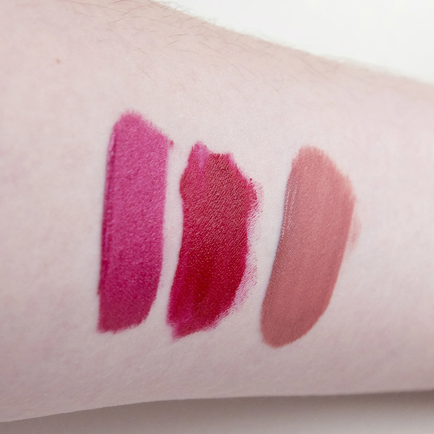 Some arm swatches for good measure; L-R Ofra Cosmetics Long Lasting Liquid Lipstick in Santorini, Charlotte Tilbury Hollywood Lips in Screen Siren & TheBalm Meet Matt(e) Hughes in Committed.
