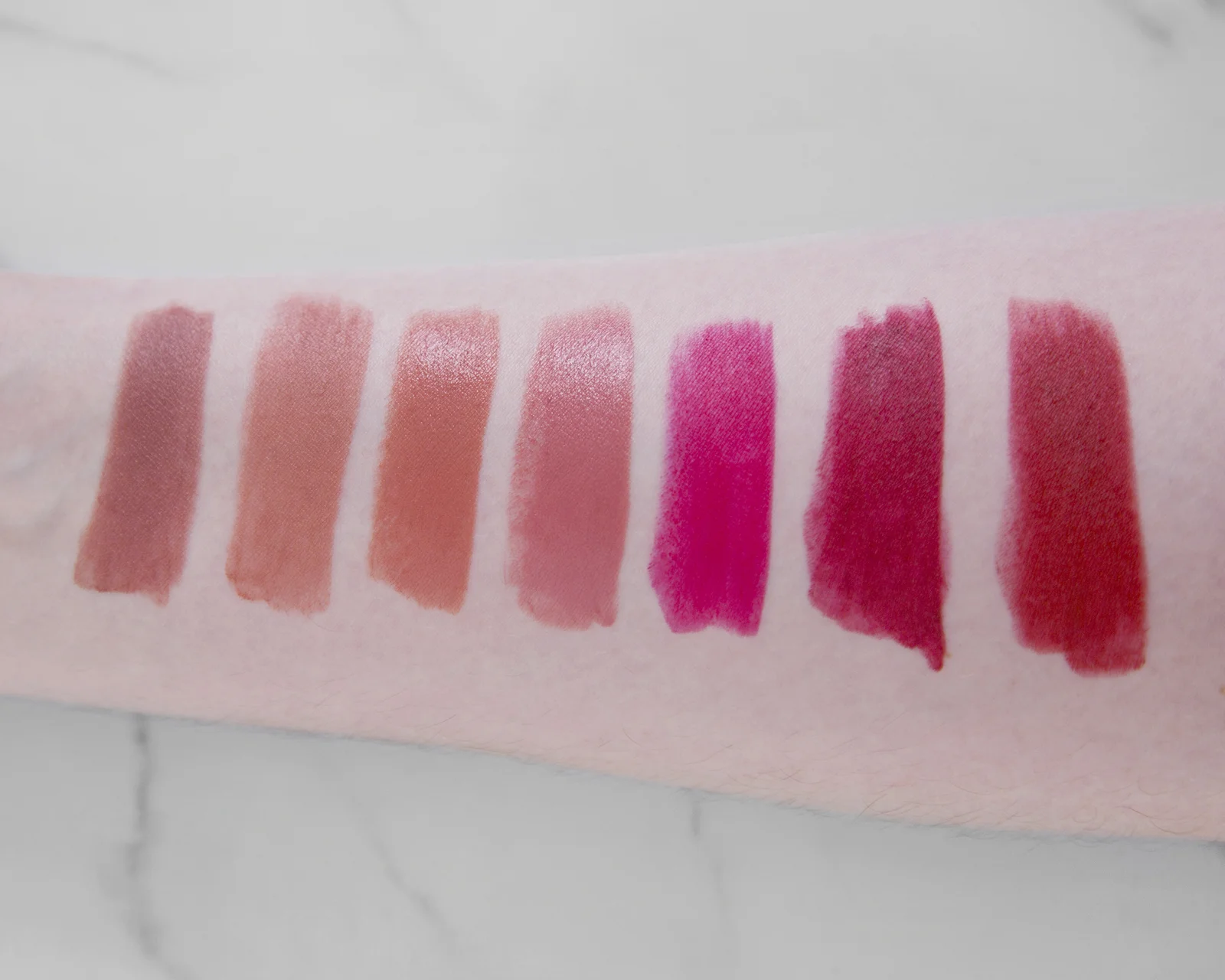 L-R: Matte Revolution Very Victoria (included for comparison sake), English Beauty, American Sweetheart, The Duchess, The Queen, Shanghai Nights, & Legendary Queen
