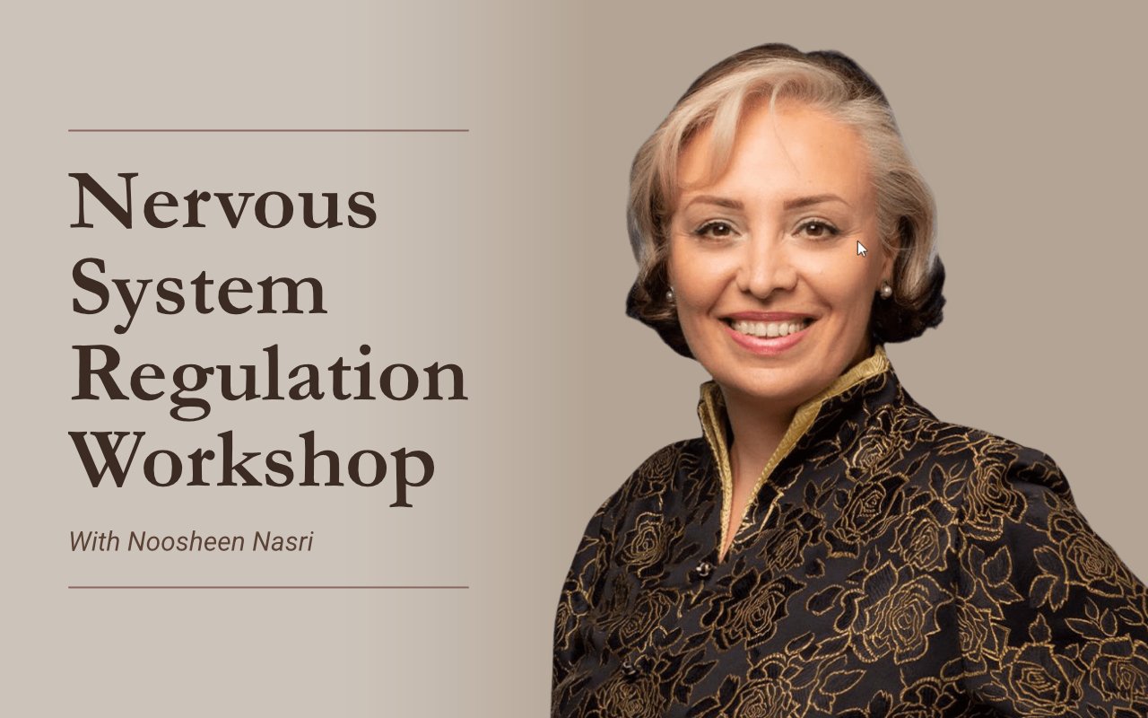 a woman smiling with the text, nervous system regulation workshop.