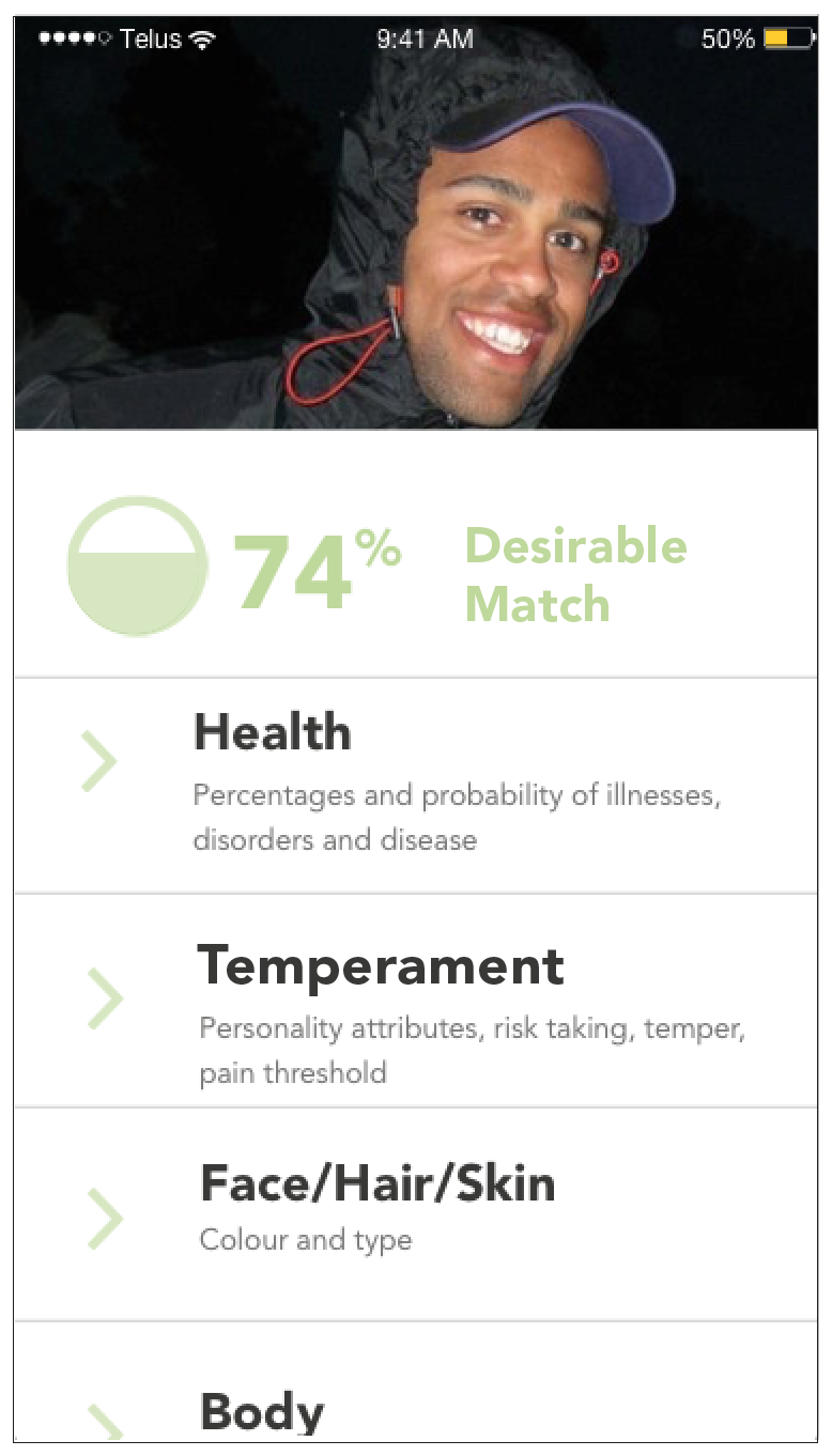 The user can view the probability of how and if their match will fulfill the genetic requirements to create the desired offspring.