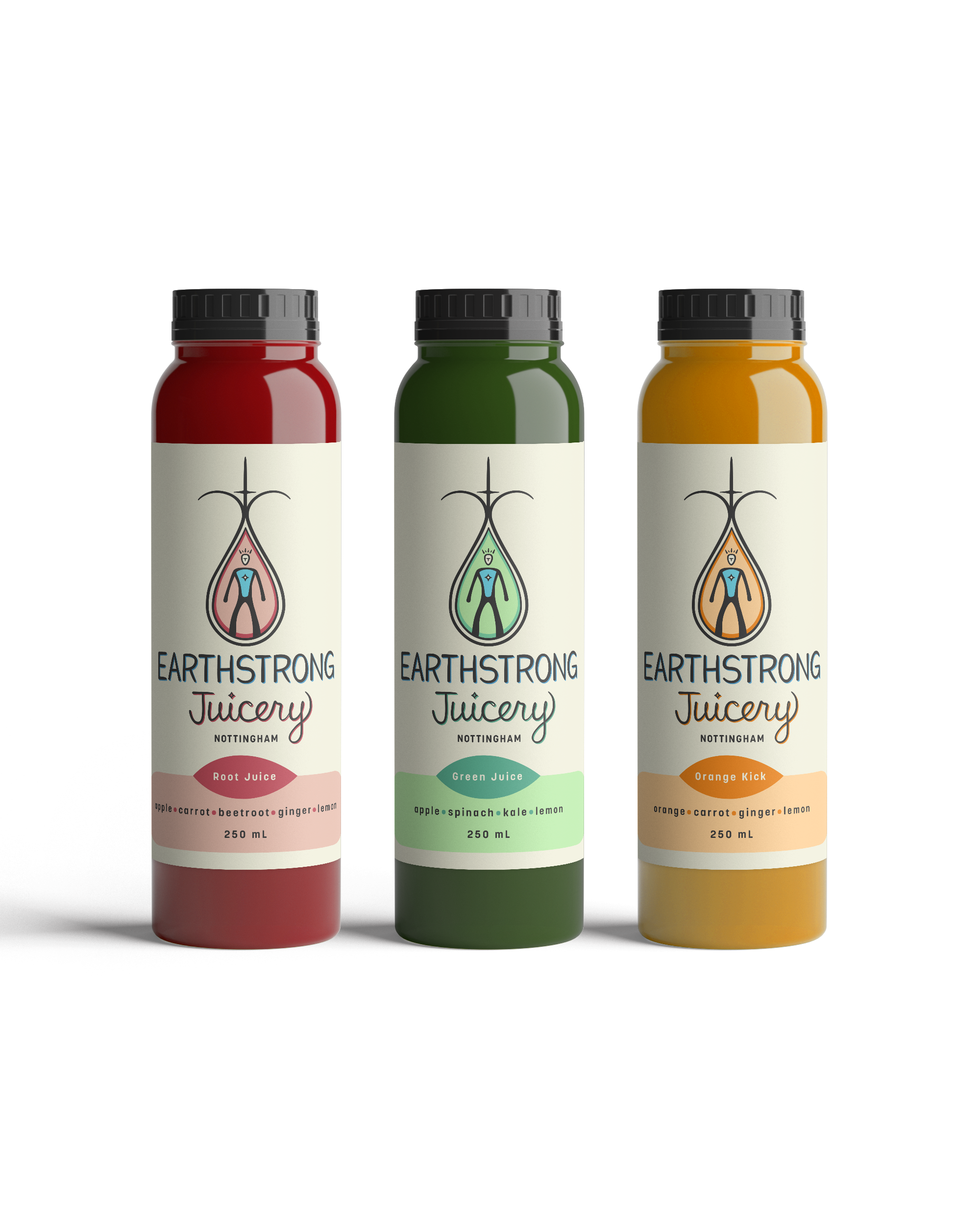 Packaging Design for Earthstrong Juicery Juice Bottles