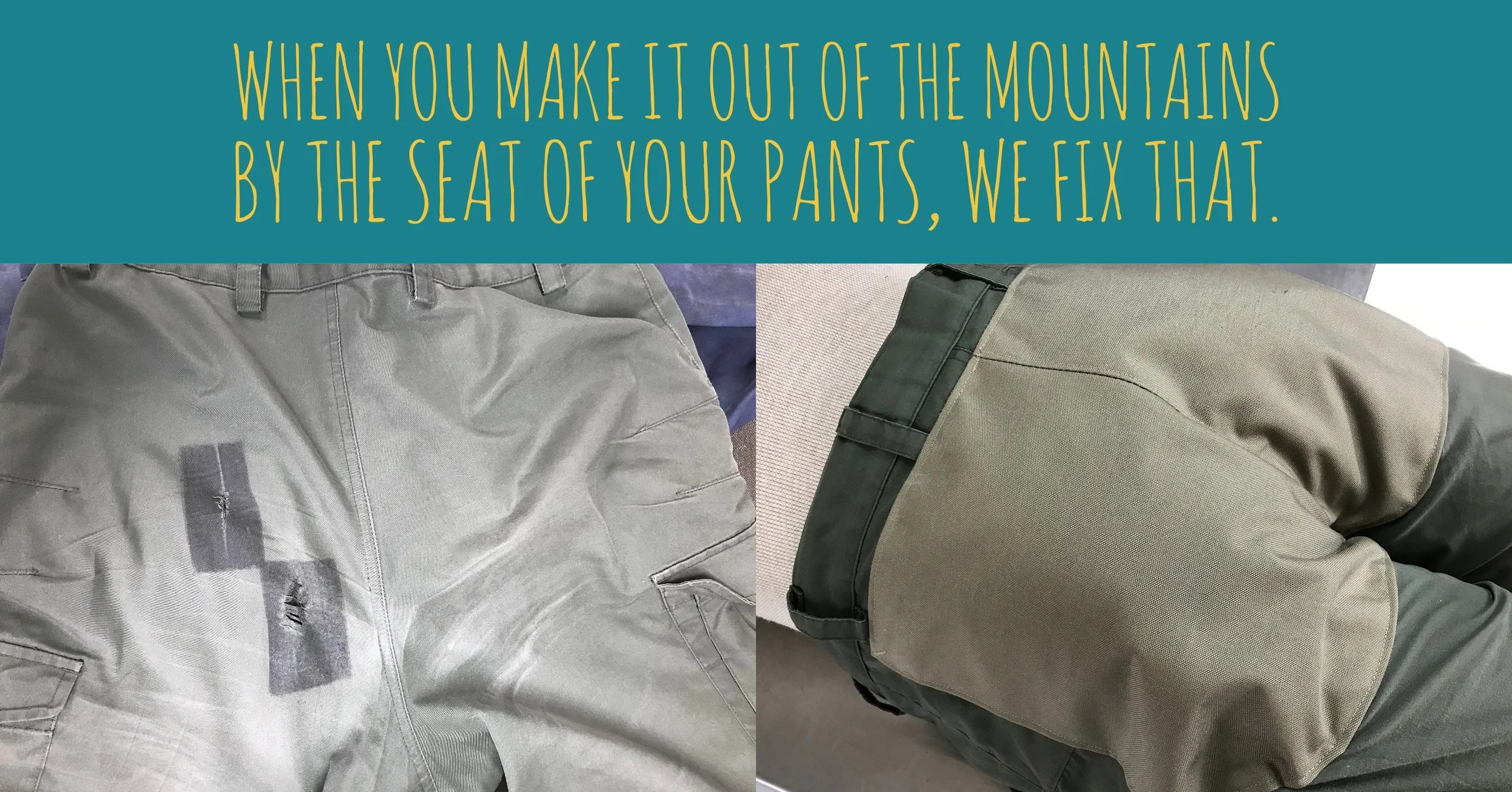 Butt patch panel custom built from 500 denier Cordura® nylon to repair tears in the seat of these pants.