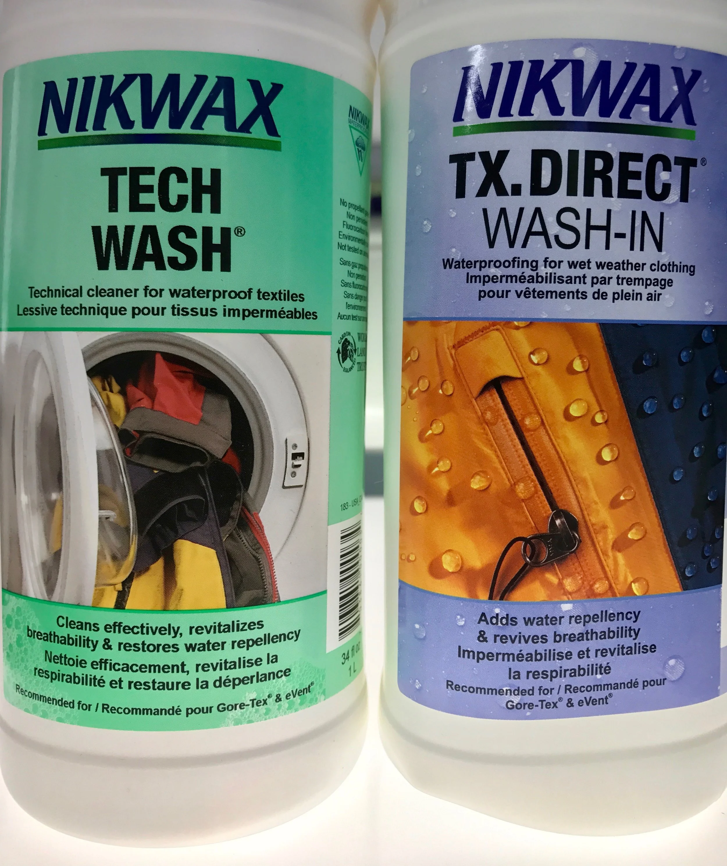 Nikwax Tech Wash and TX.Direct. Any non detergent laundry soap can be used to clean your gear. DWR can be washed in or sprayed on.