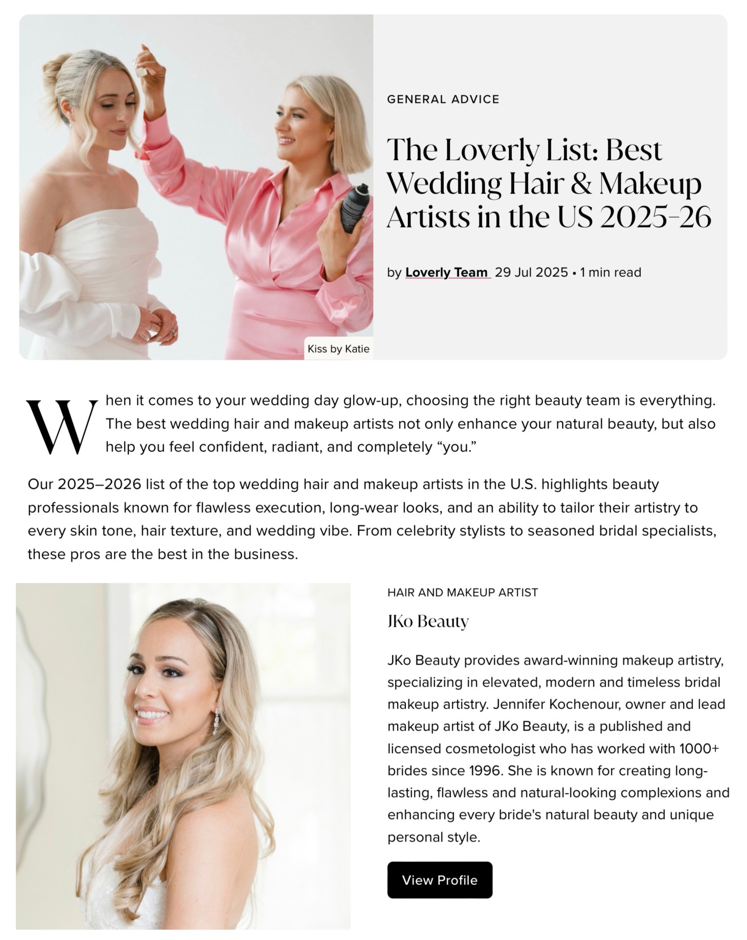 Loverly Selects JKo Beauty for the Best Makeup Artist award for 2025-2026 