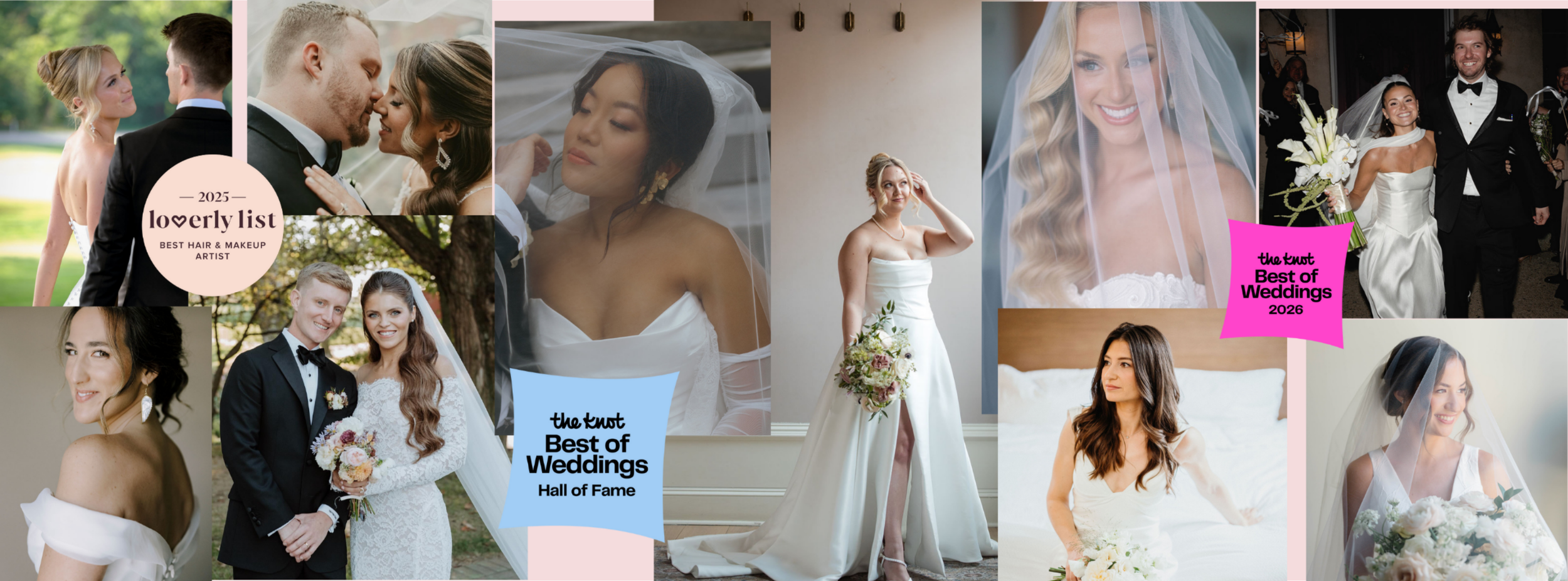 A collage of wedding photographs featuring various brides and grooms, all dressed in wedding attire, with some images showing outdoor and indoor settings. The collage includes magazine-style graphic elements and text such as "the knot Best of Weddings 2026" and "2025 lovely list best hair & makeup artist", highlighting wedding award recognitions.