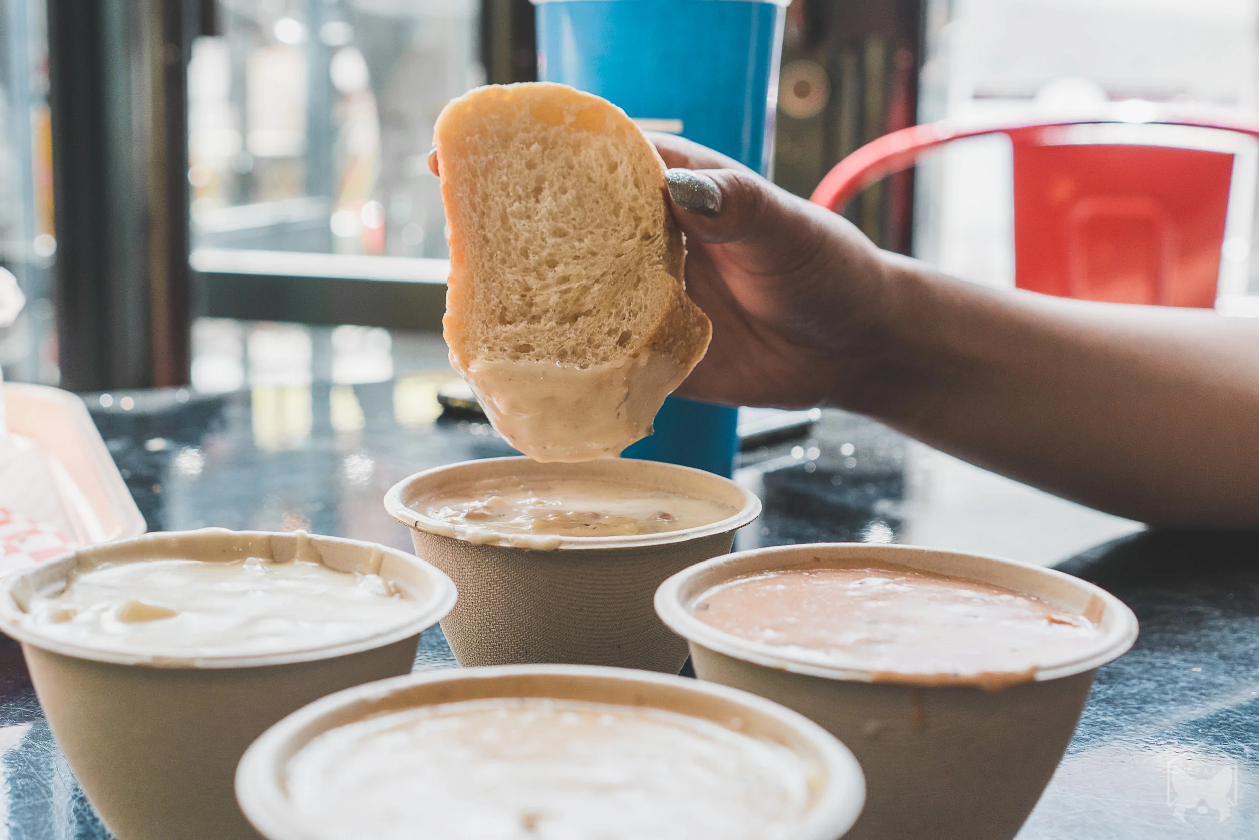 New England Clam Chowder, Seafood Bisque, Sear Scallop Chowder, Crab, Oyster, & Chorizo Chowder