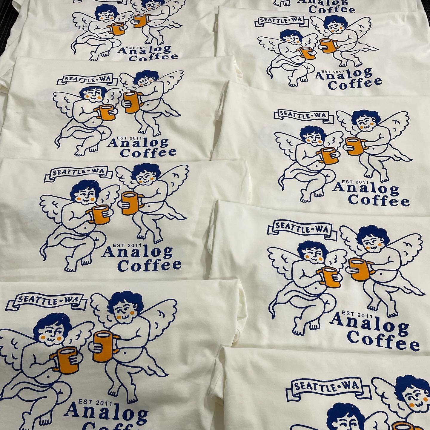 Little coffee angel babies for @analogcoffeeseattle on exceptional @ascolour tees. Super soft water based inks on super soft cotton! 
.
.
.
#waterbasedink #waterbasedprinting #analogcoffee #analogcoffeeseattle #customtees #angelbaby #anglebaby #coffe