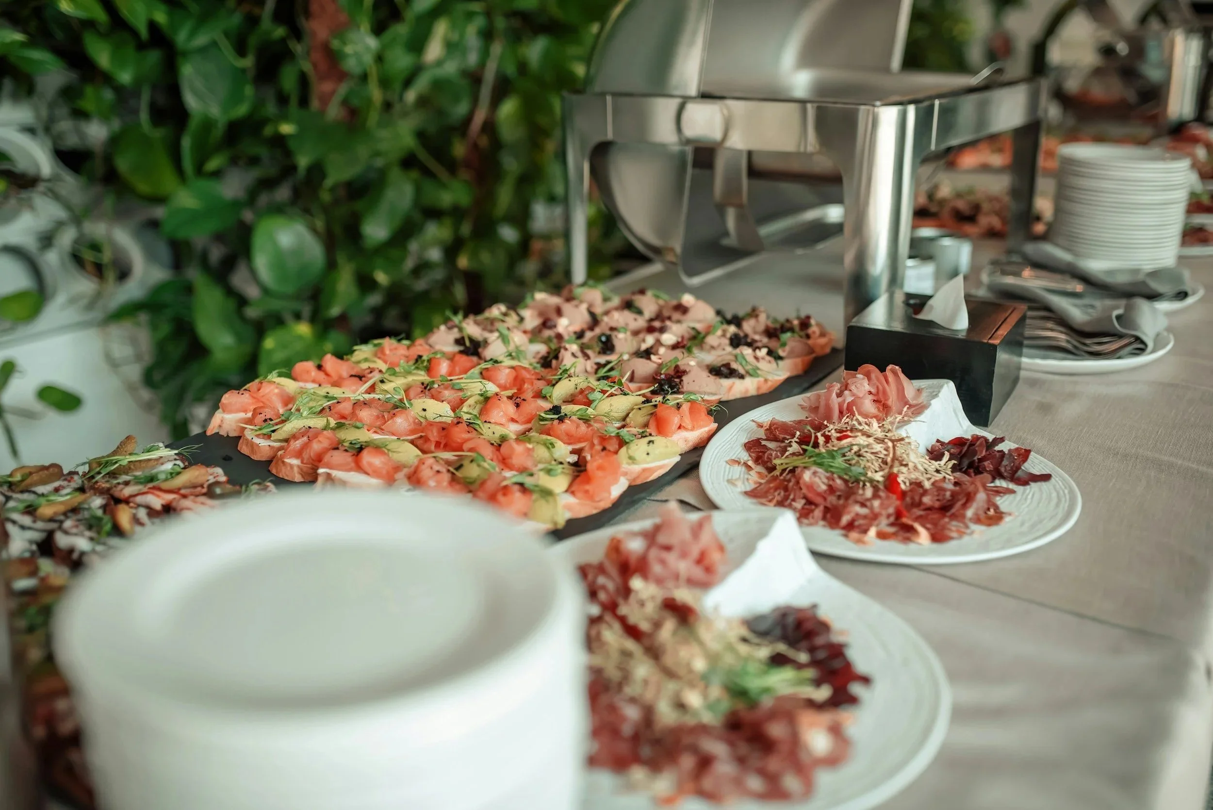 Buffet table with plates of sliced meats, including smoked salmon and prosciutto, arranged on white ceramic dishes. There are chafing dishes and stacks of plates and napkins in the background. Green leafy plants decorate the setting.