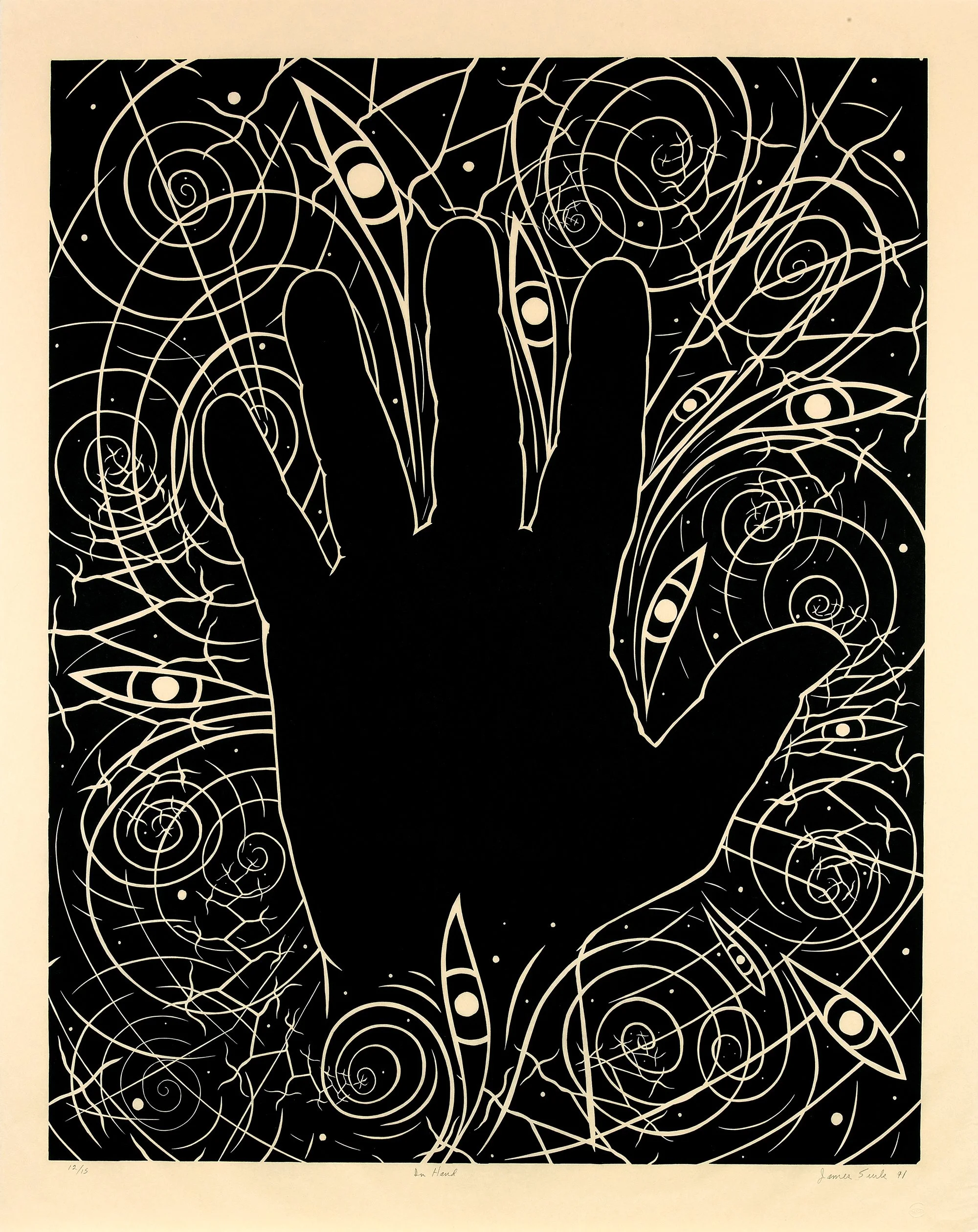 James Surls, In Hand, Linocut on Okawara paper, 1991