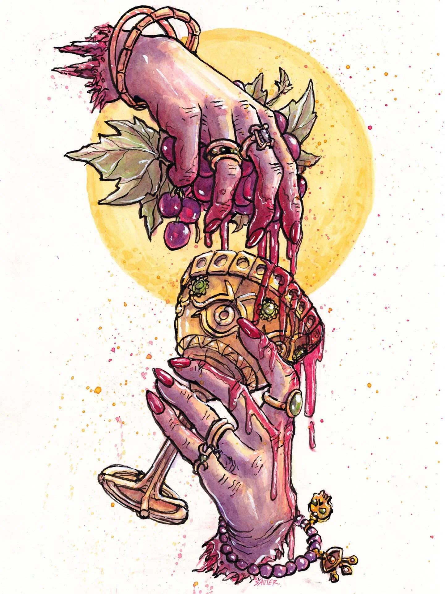 A spot illustration in the new book by @bloodofgodszine. Ink and watercolor on hot press paper.  #bloodofgods #watercolor #darkart #wineart #analogart #heavymetalart