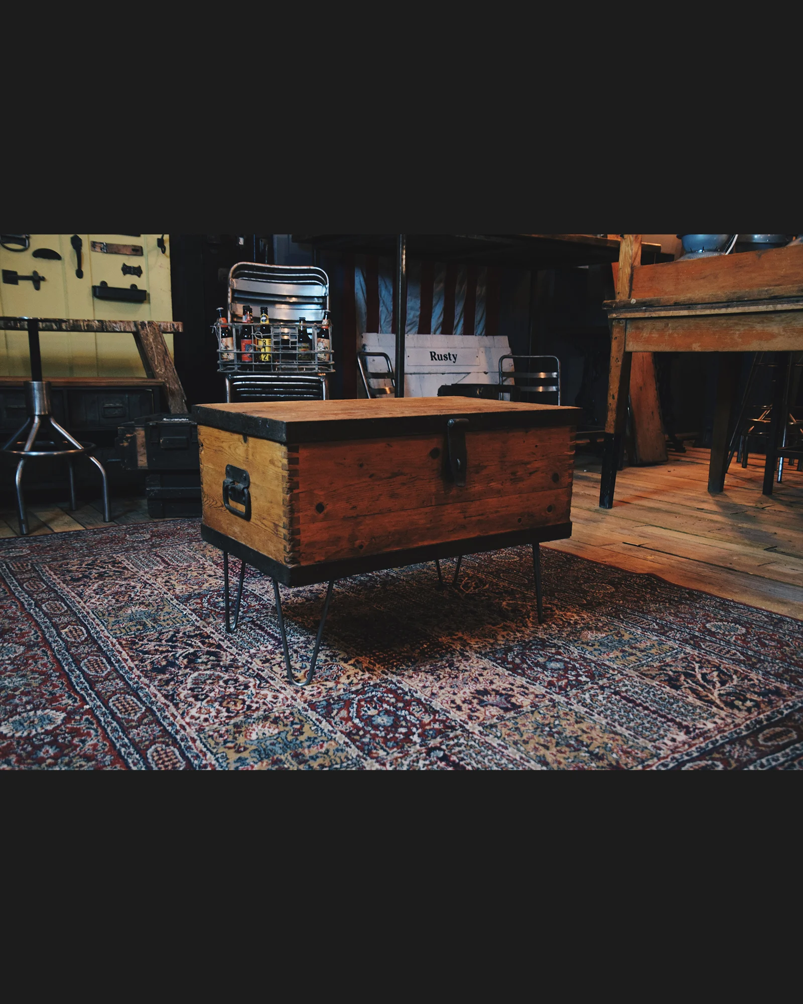 Vintage Wooden Tool Chest on Hairpin Legs