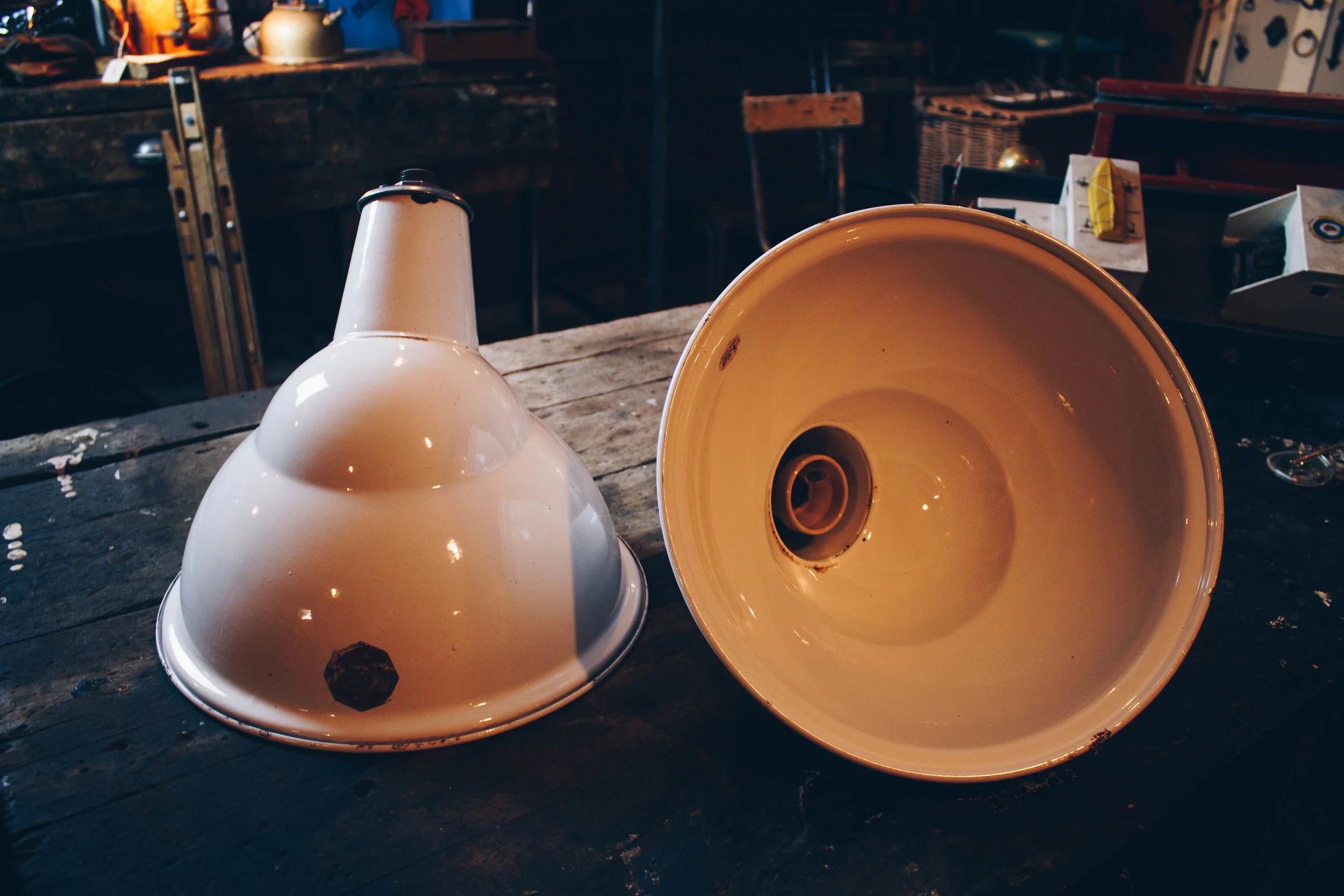 Pair of 1960's White Enamel Benjamin Shades