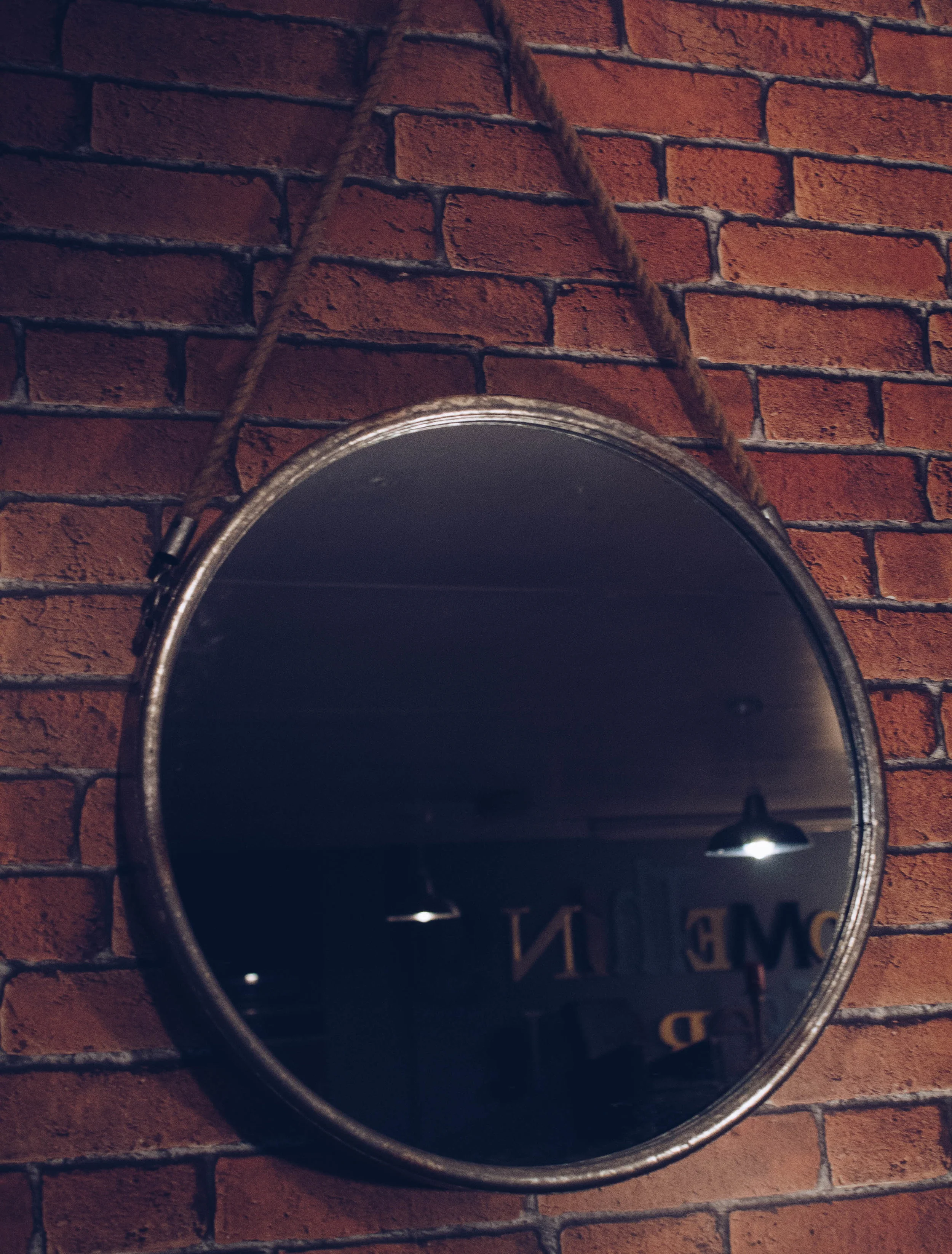 Industrial Large Round Mirror with Metal Frame and Rope Hanger