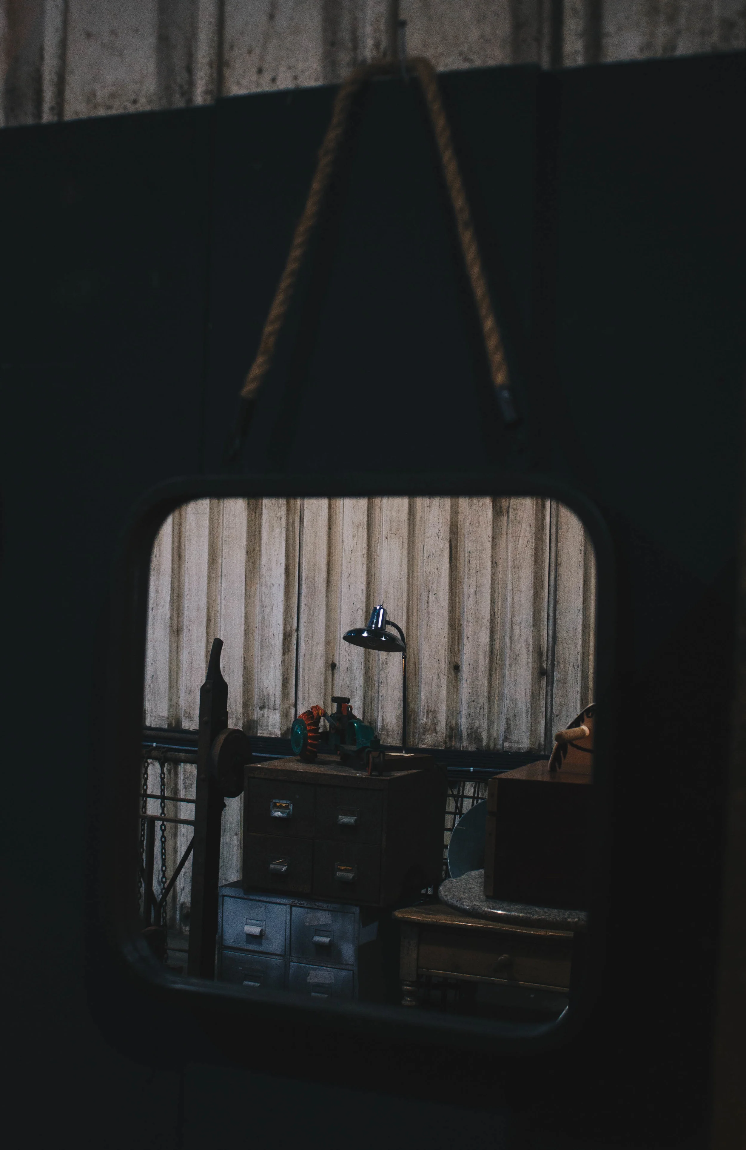 Industrial Rounded Square Mirror with Metal Frame and Rope Hanger 