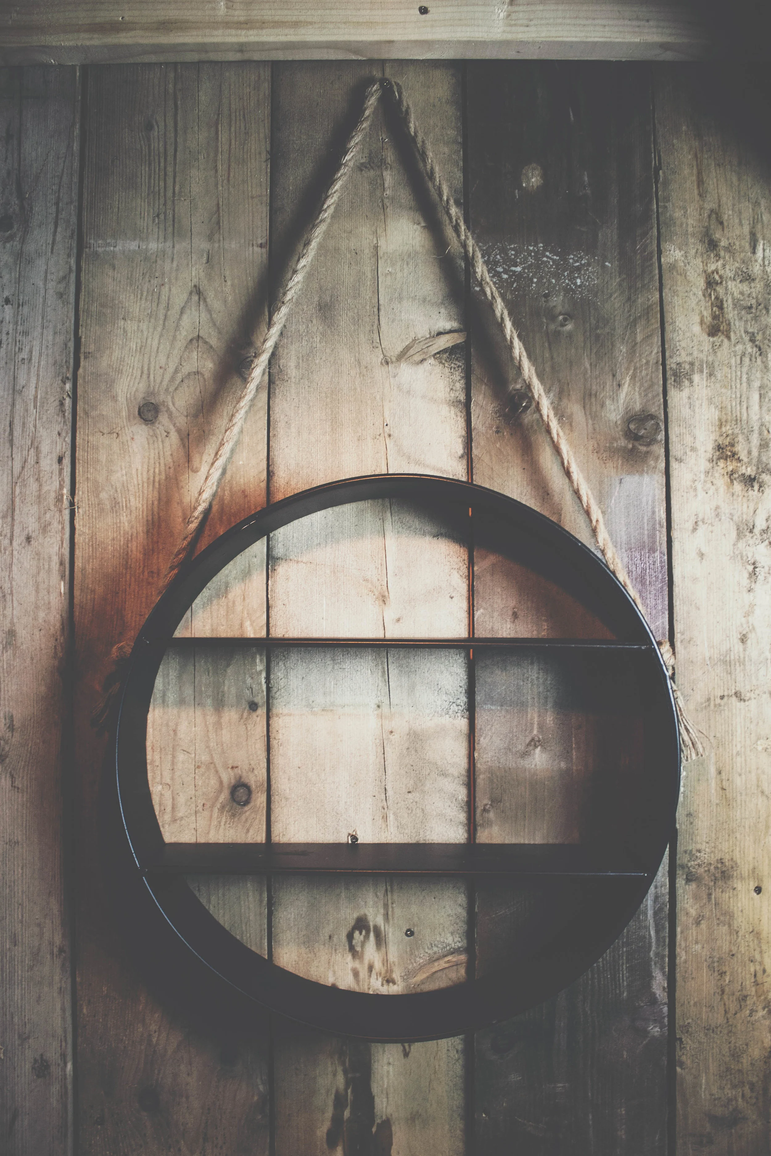 Industrial Round Metal Shelf with Two Metal Shelves Wall Mountable with Rope Hanger