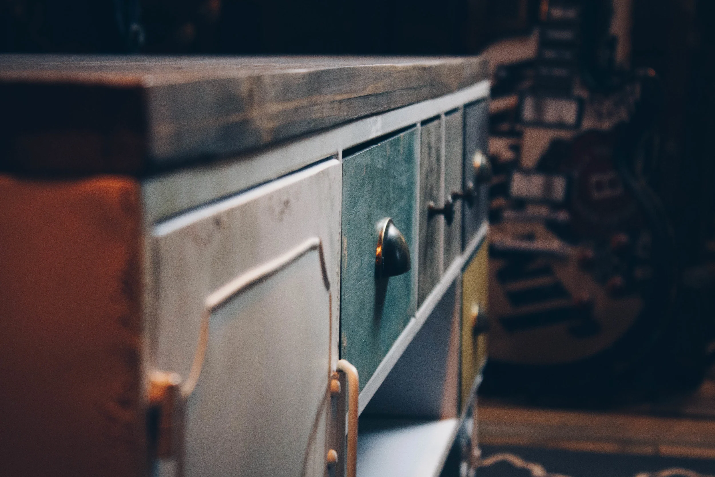 Painted Metal Tv Cabinet With Wooden Top And Castors Something