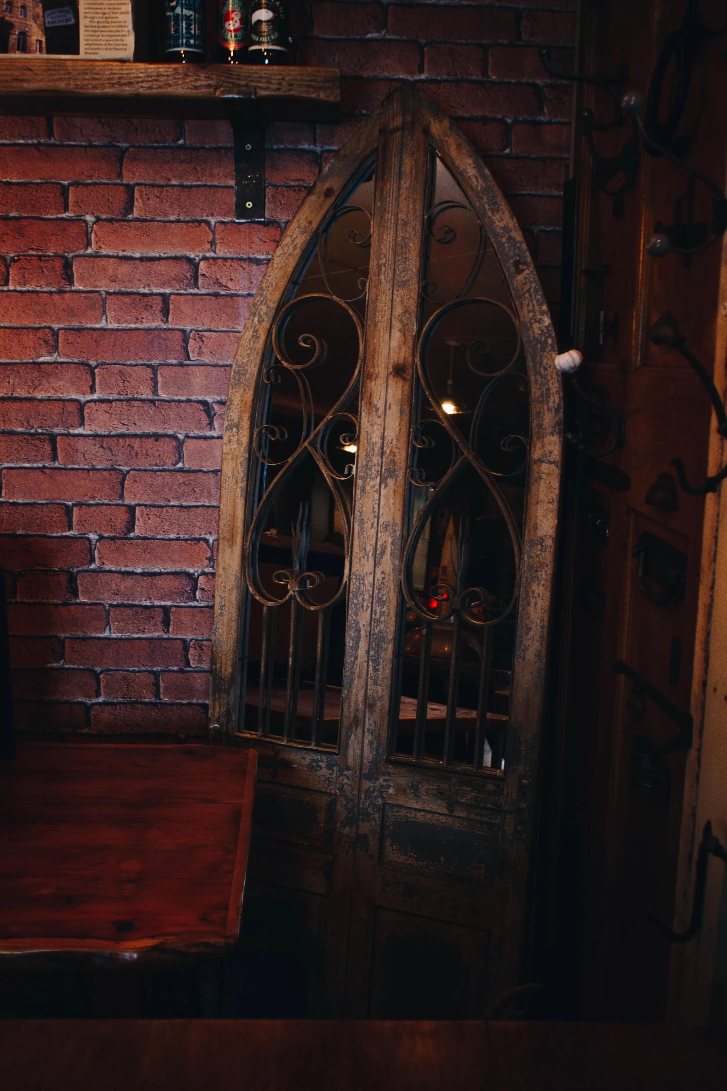 Large Rustic Wooden Door Mirror with Ornate Iron Work