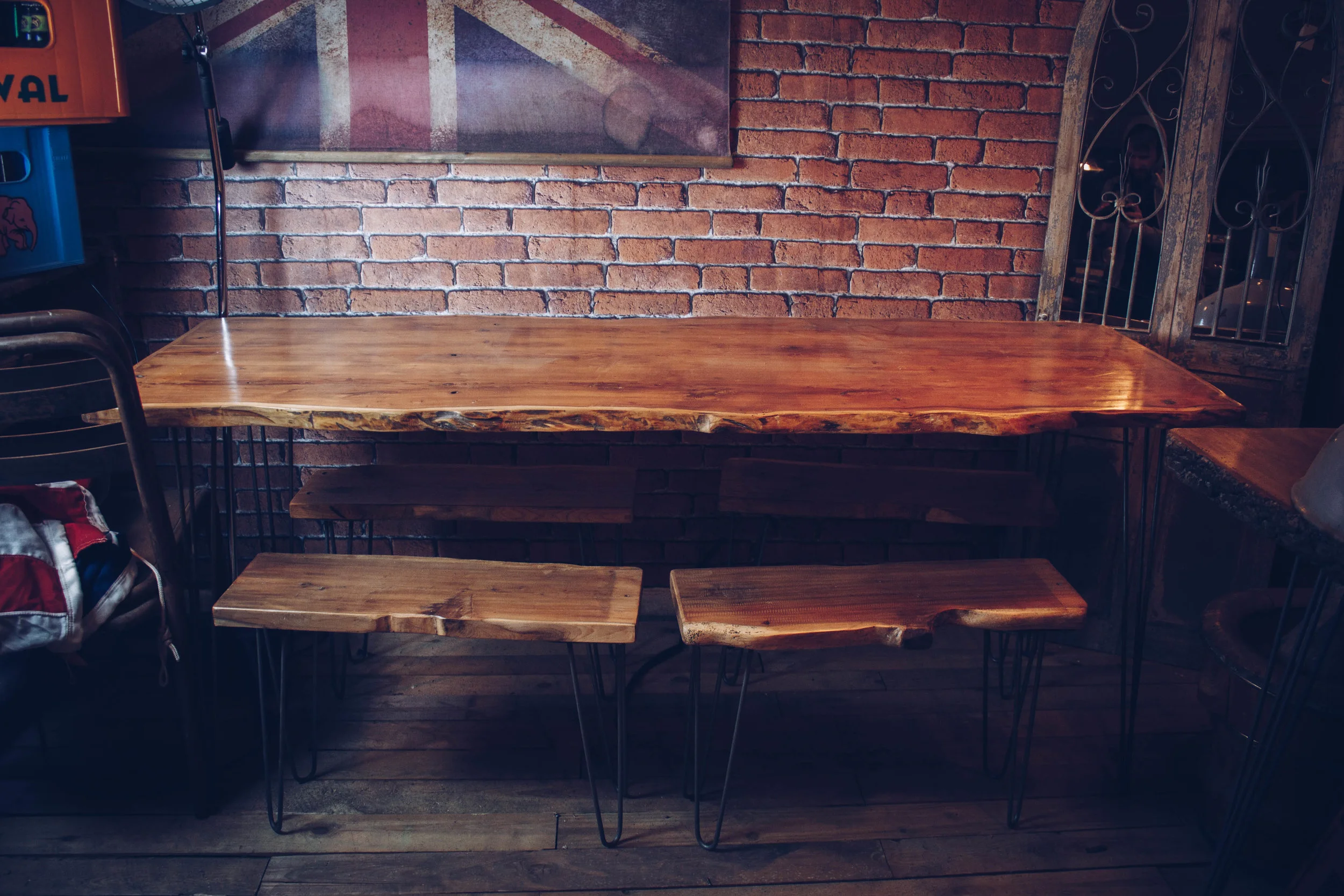 Stunning Live Edge Yew Dining Table with Four Stools on Hairpin Legs Wooden Slab Table