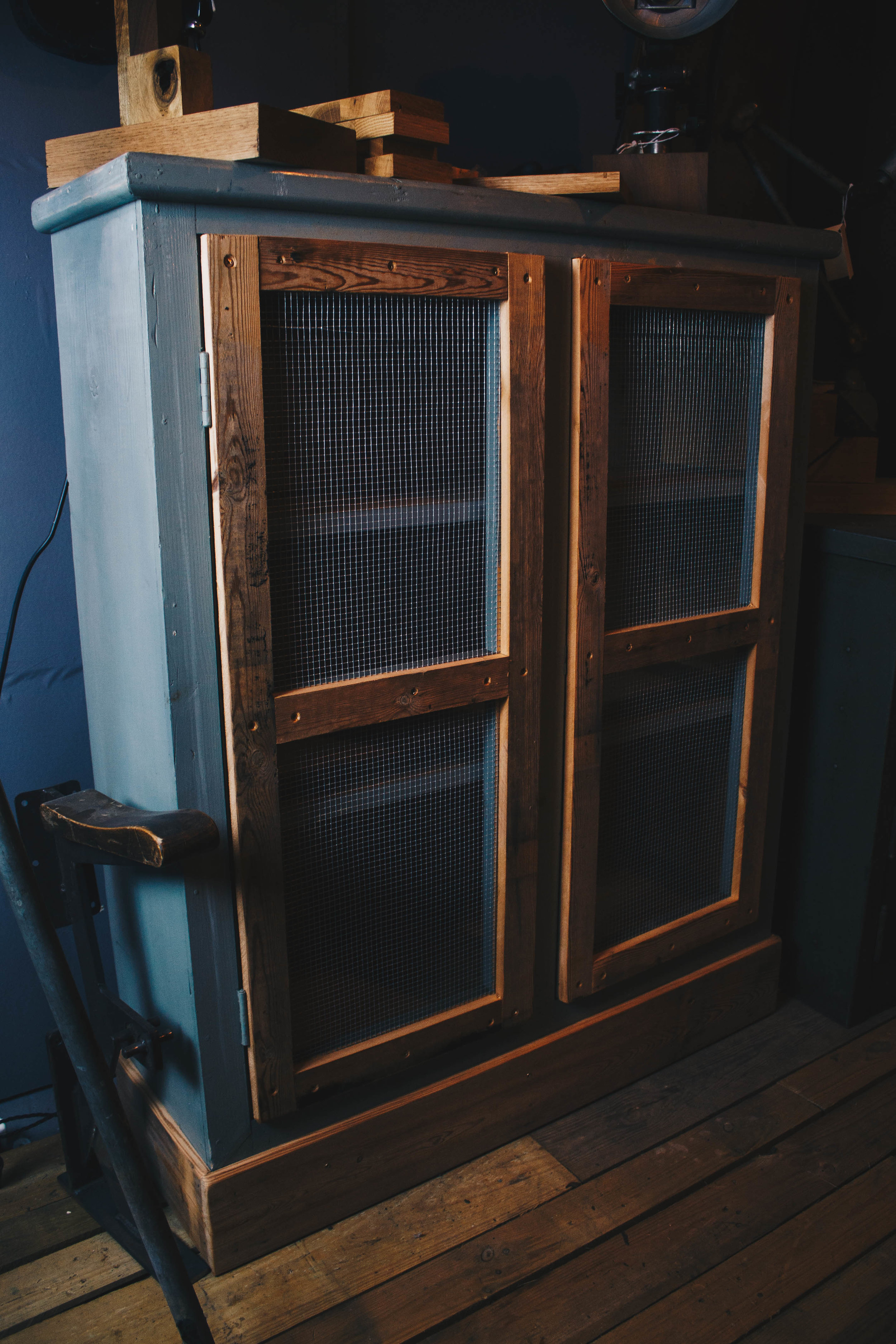 Wooden Painted Cupboard with Reclaimed Wire Doors