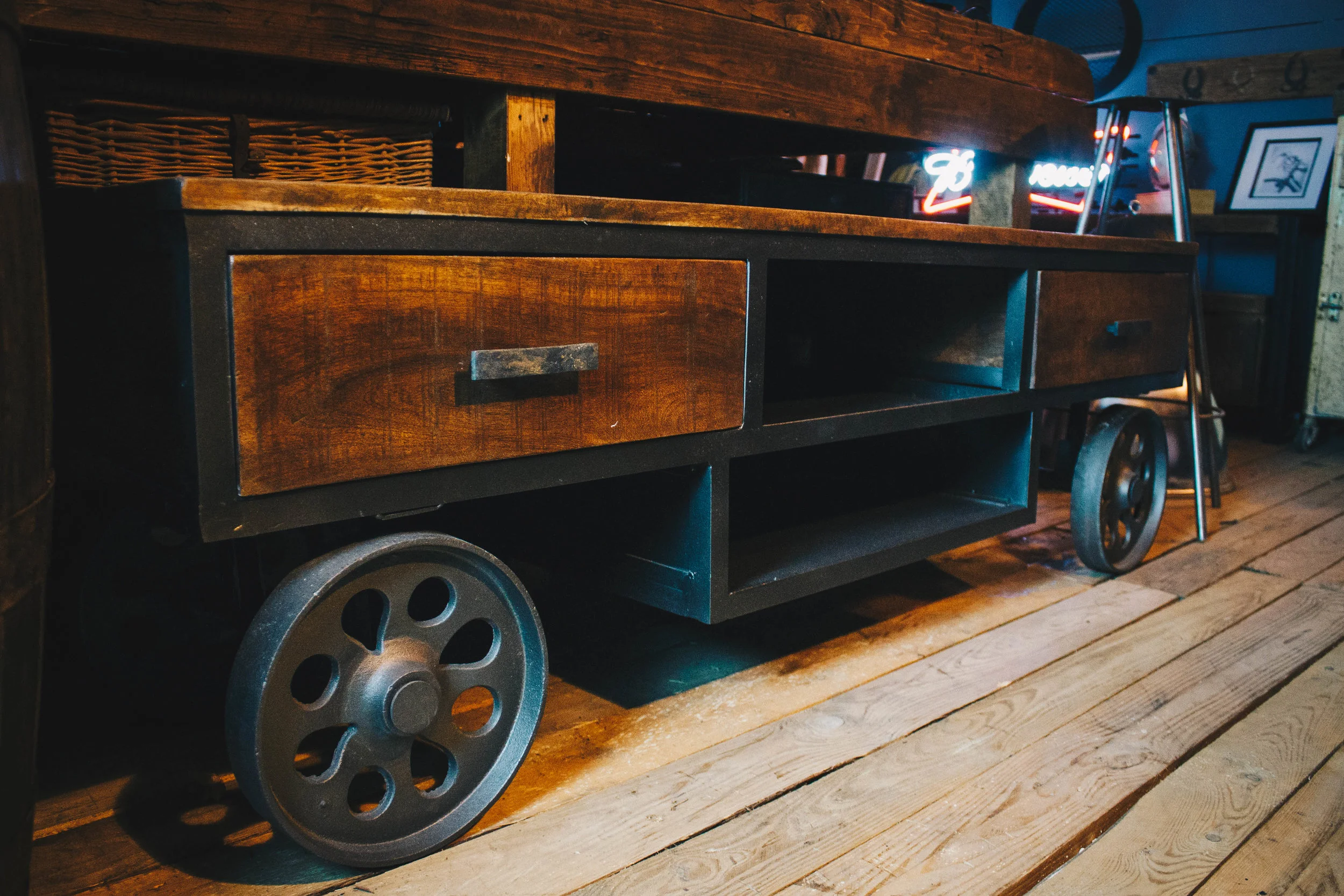 Industrial TV Cabinet Made with Reclaimed Wood with Metal Castors