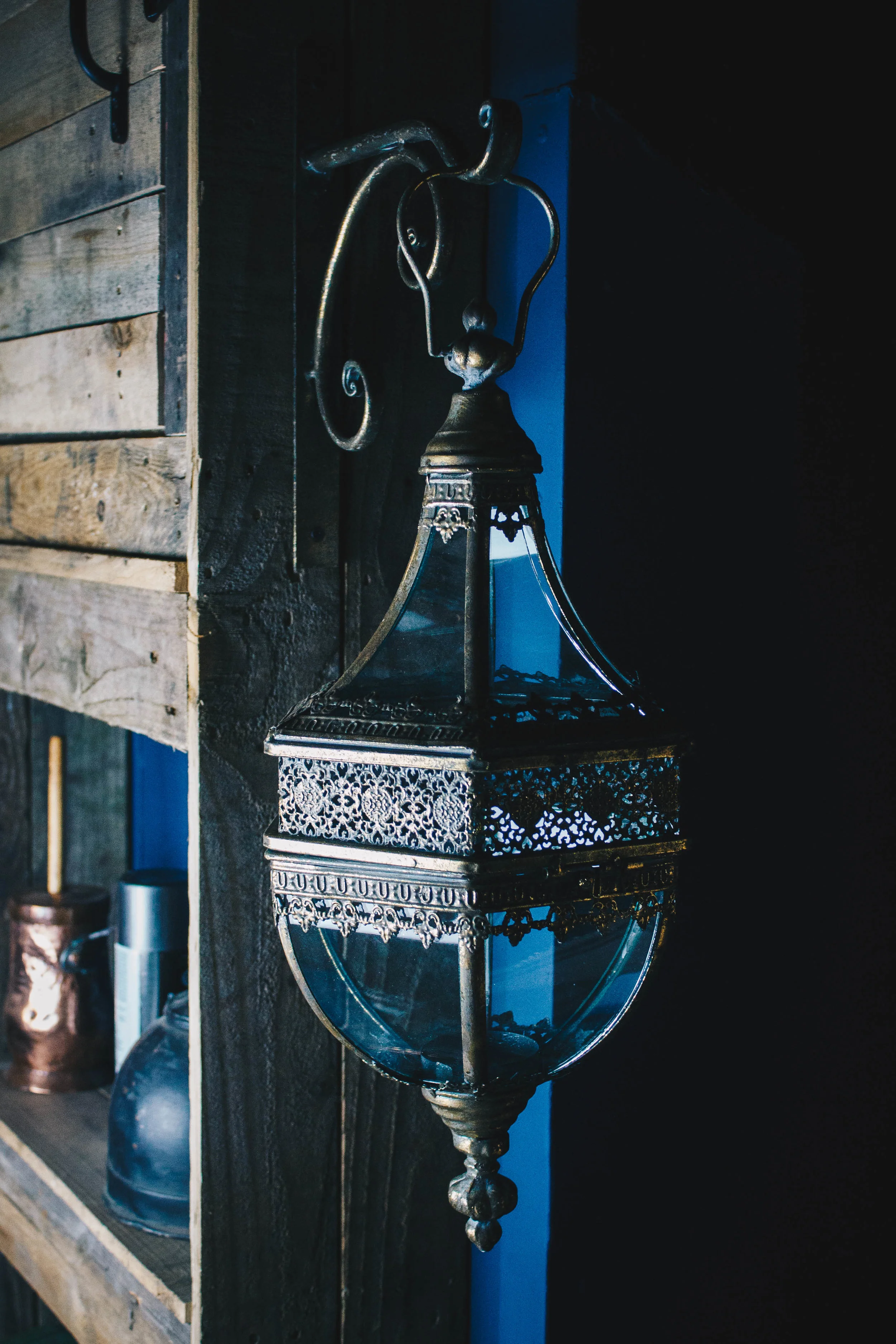 Morrocan Style Lantern Candle Holder & Bracket in a Antique Brass Finish