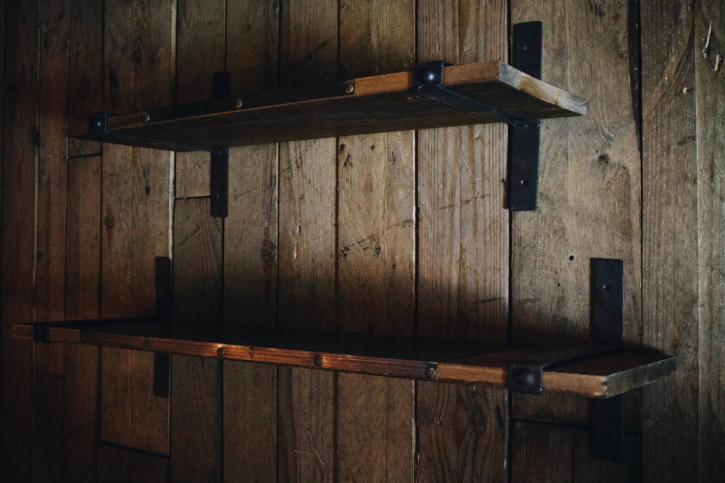 Set of Two Rustic Shelves with Wooden & Metal Detailing