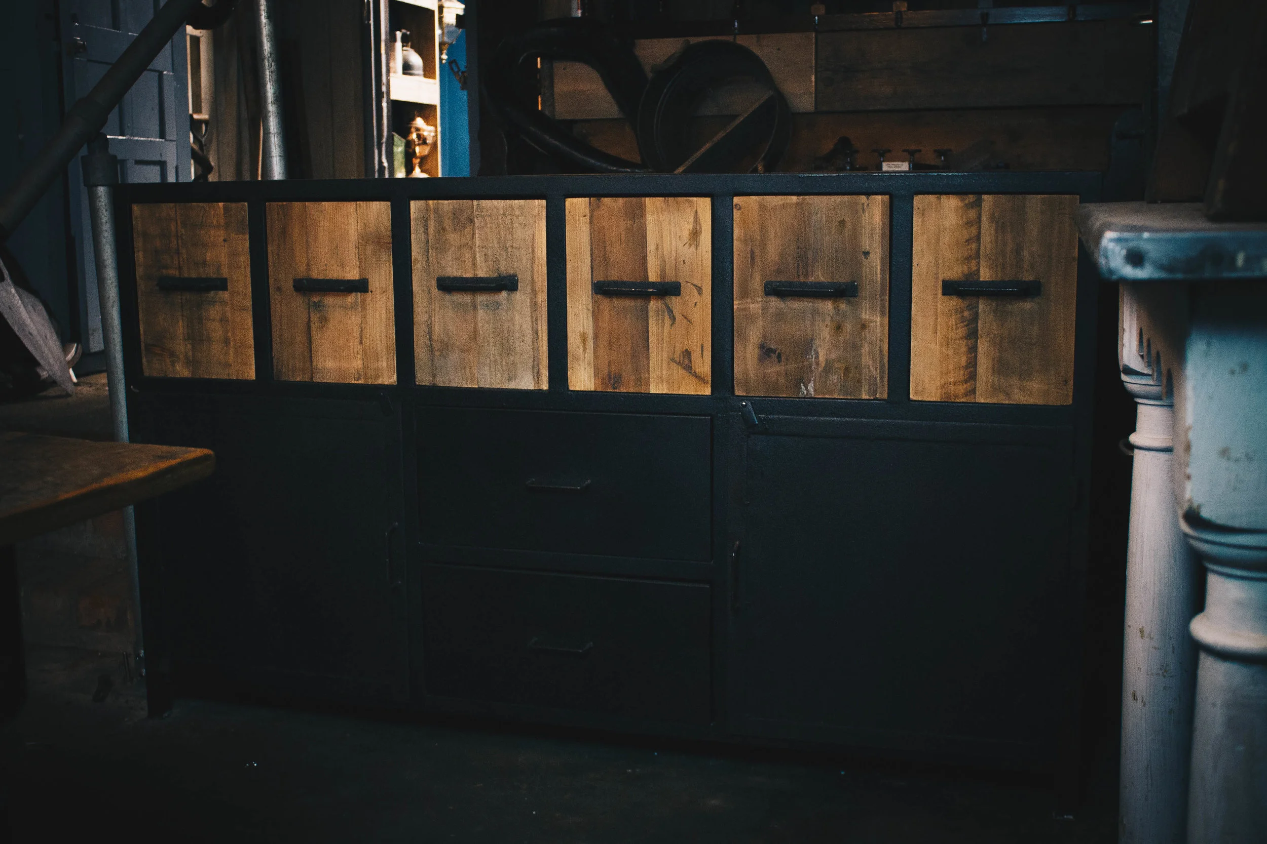 Large Industrial Sideboard with Wooden Drawers and Metal Cupboards