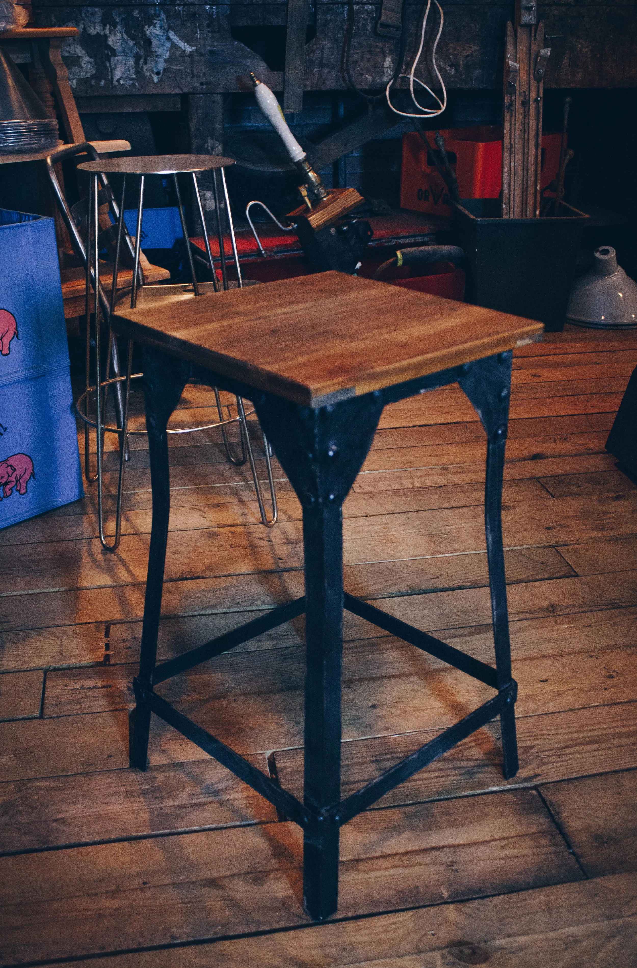 Industrial Style Metal Stool with Angle Metal Work and Reclaimed Wooden Top