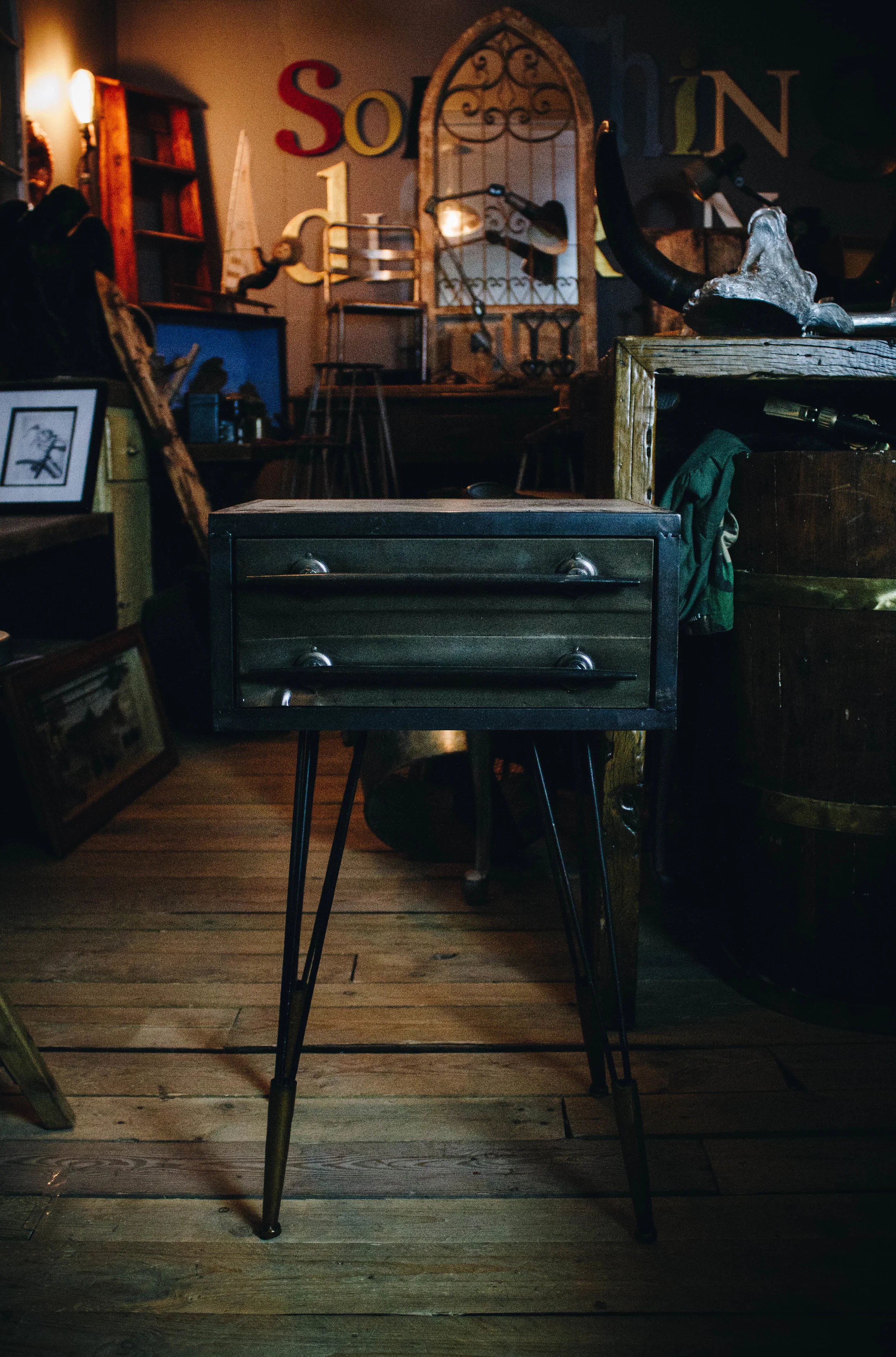 Industrial Bedside Cabinet or Side (Lamp) Table with Splayed Hairpin Metal Legs